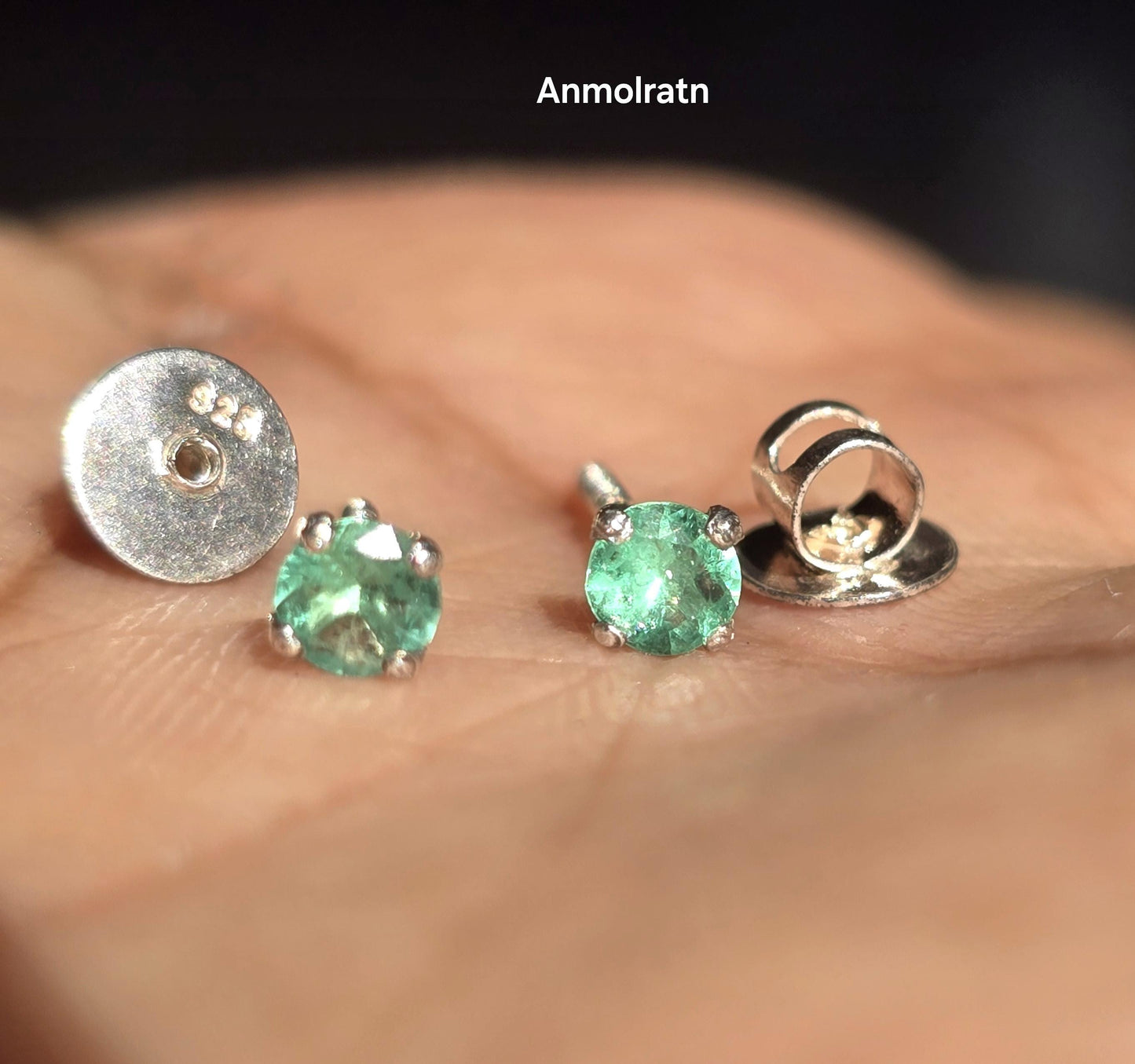 Daily Wear Emerald Stud Earrings, Natural Colombian Emerald Tiny Silver Earrings For Men & Women, Round Emerald Birthstone Dainty Earrings