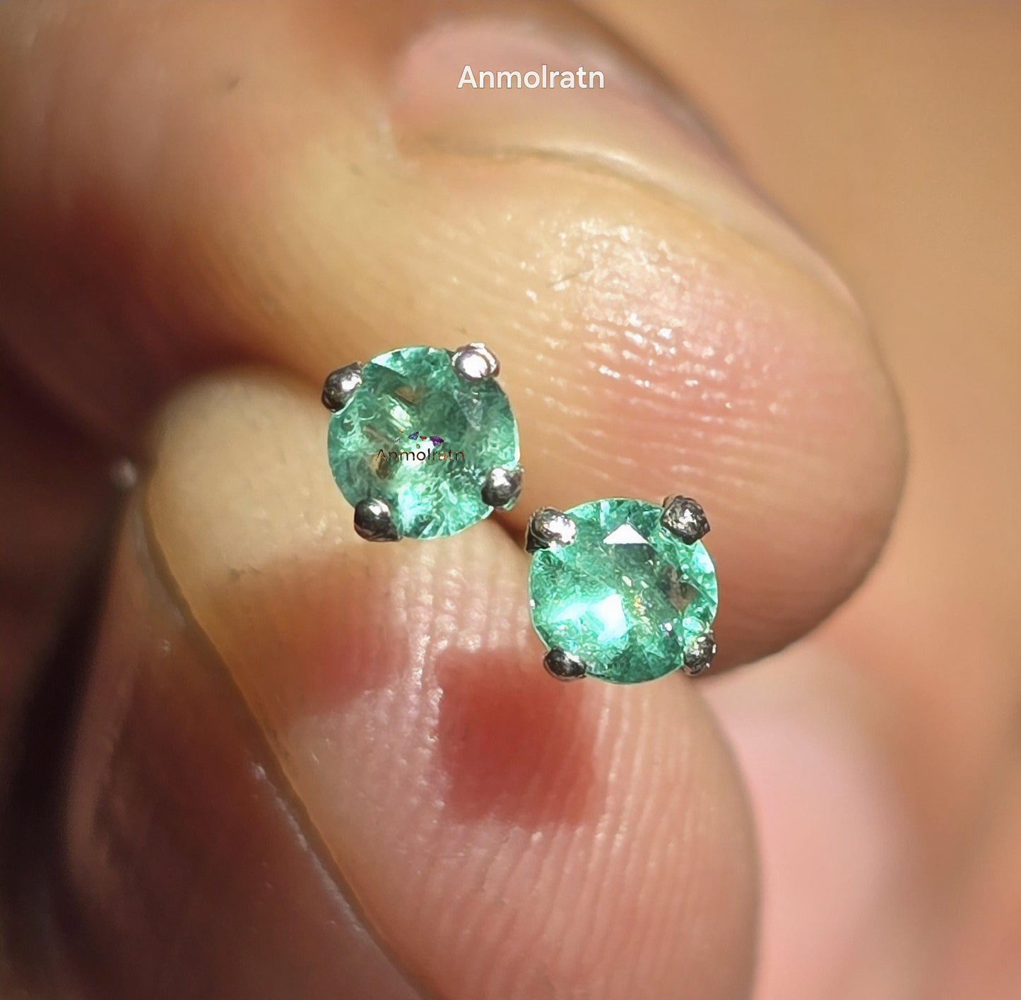 Daily Wear Emerald Stud Earrings, Natural Colombian Emerald Tiny Silver Earrings For Men & Women, Round Emerald Birthstone Dainty Earrings