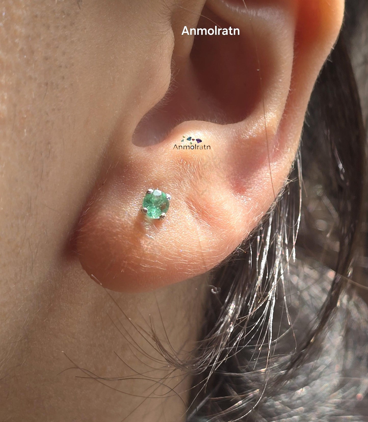 Daily Wear Emerald Stud Earrings, Natural Colombian Emerald Tiny Silver Earrings For Men & Women, Round Emerald Birthstone Dainty Earrings