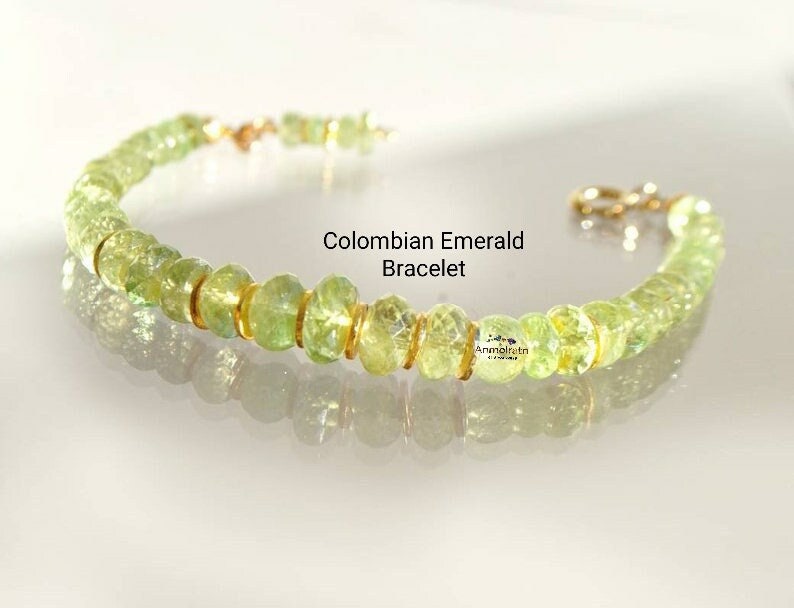 Natural Emerald Bracelet, Untreated Colombian Emerald Beaded Bracelet, Emerald Faceted Dainty Bracelet, Raw Emerald Birthstone Bracelet Gift