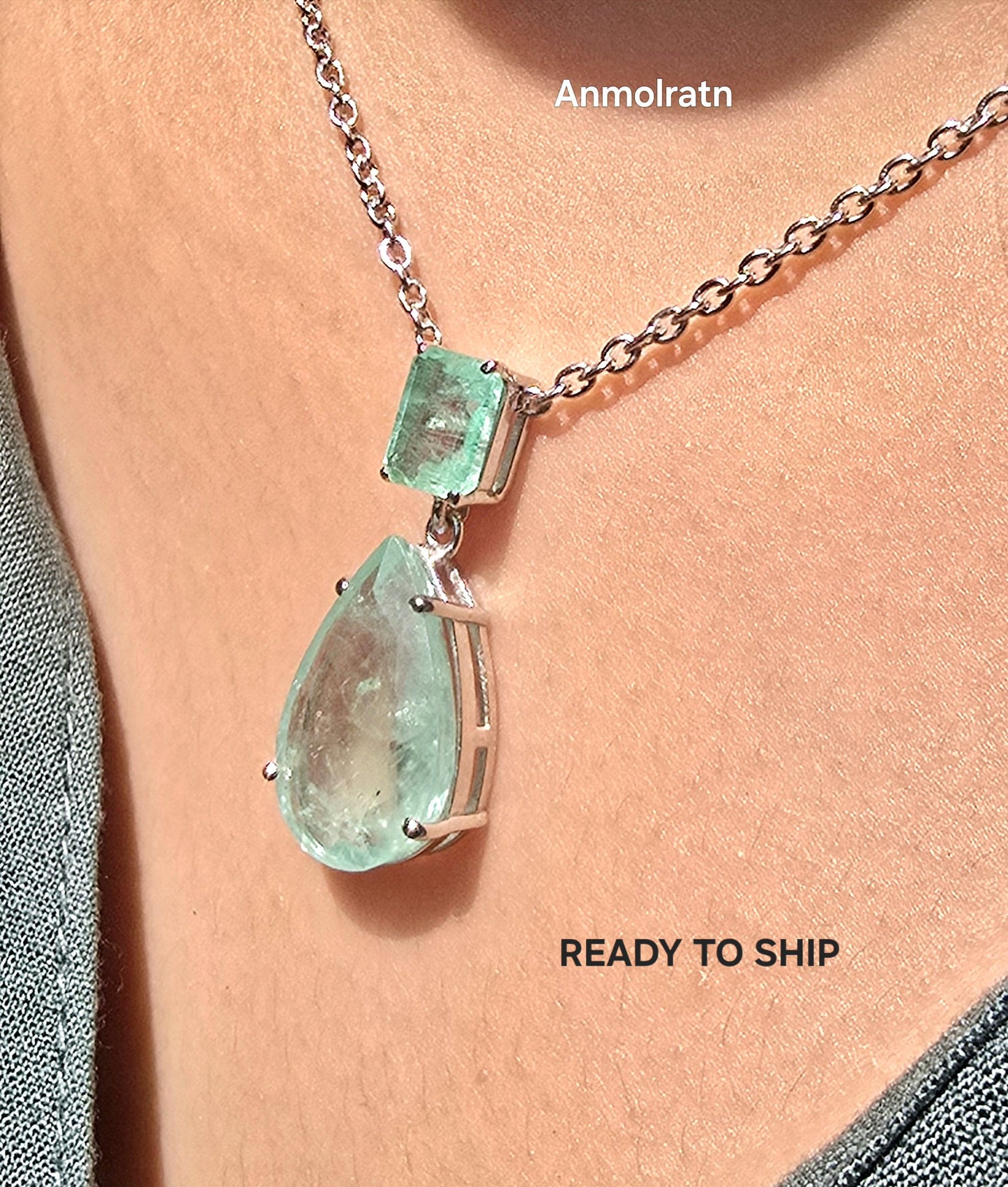 Colombian Emerald Necklace For Women, Untreated Emerald Octagon Pendant Pear Emerald Solitaire Dainty Silver Necklace, Green Emerald Pendant