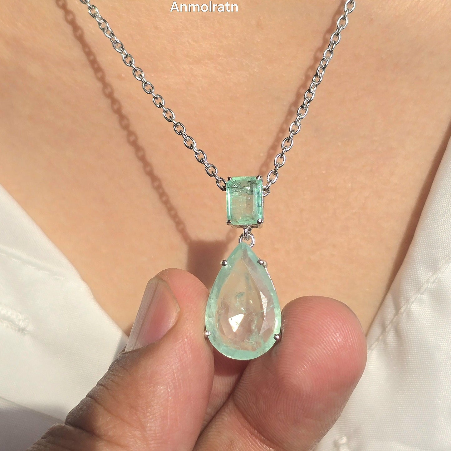 Colombian Emerald Necklace For Women, Untreated Emerald Octagon Pendant Pear Emerald Solitaire Dainty Silver Necklace, Green Emerald Pendant
