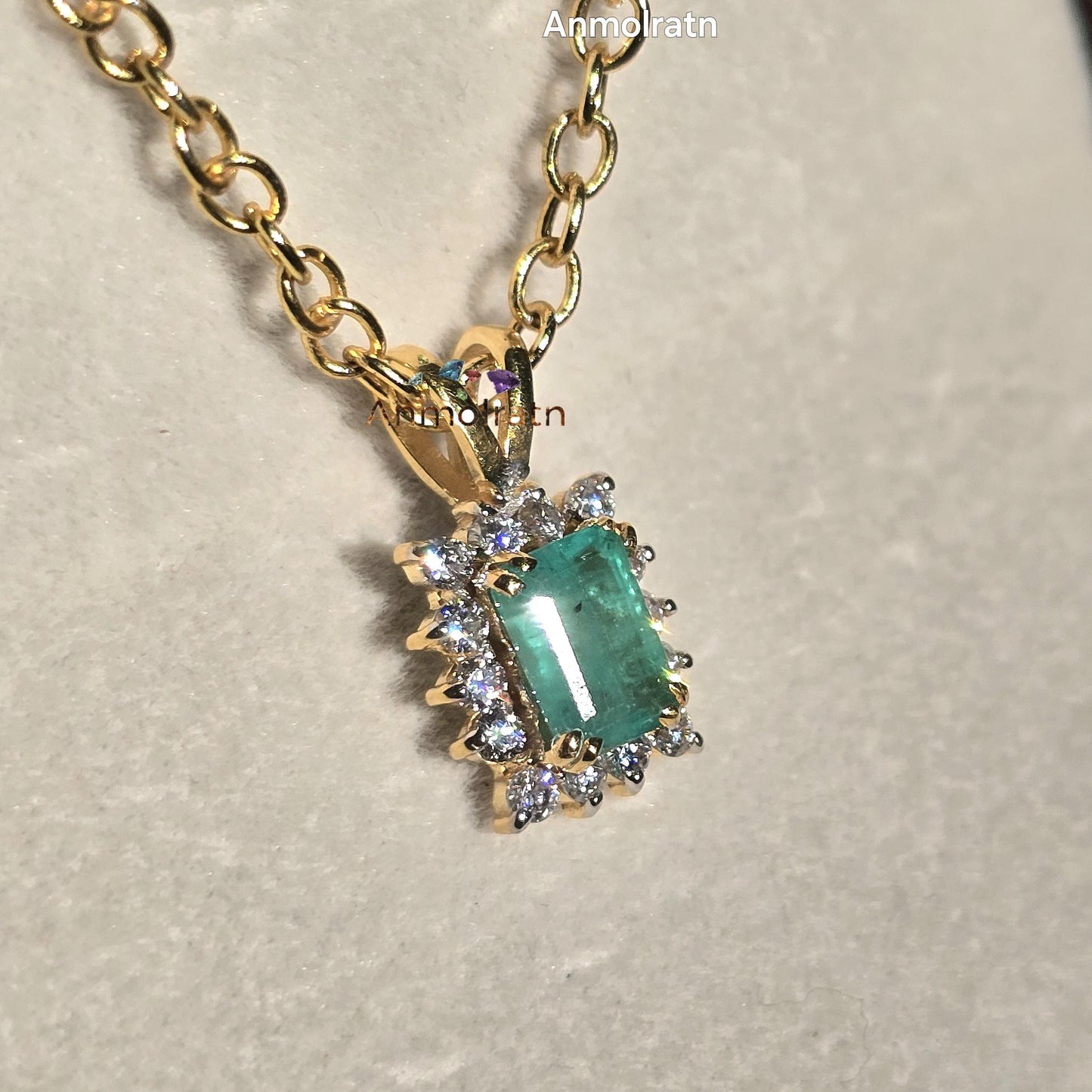 Emerald Solitaire Pendant, Emerald Cut Octagon Halo Pendant For Women, 14k Green Emerald Birthstone Pendant, Natural Emerald Dainty Pendant