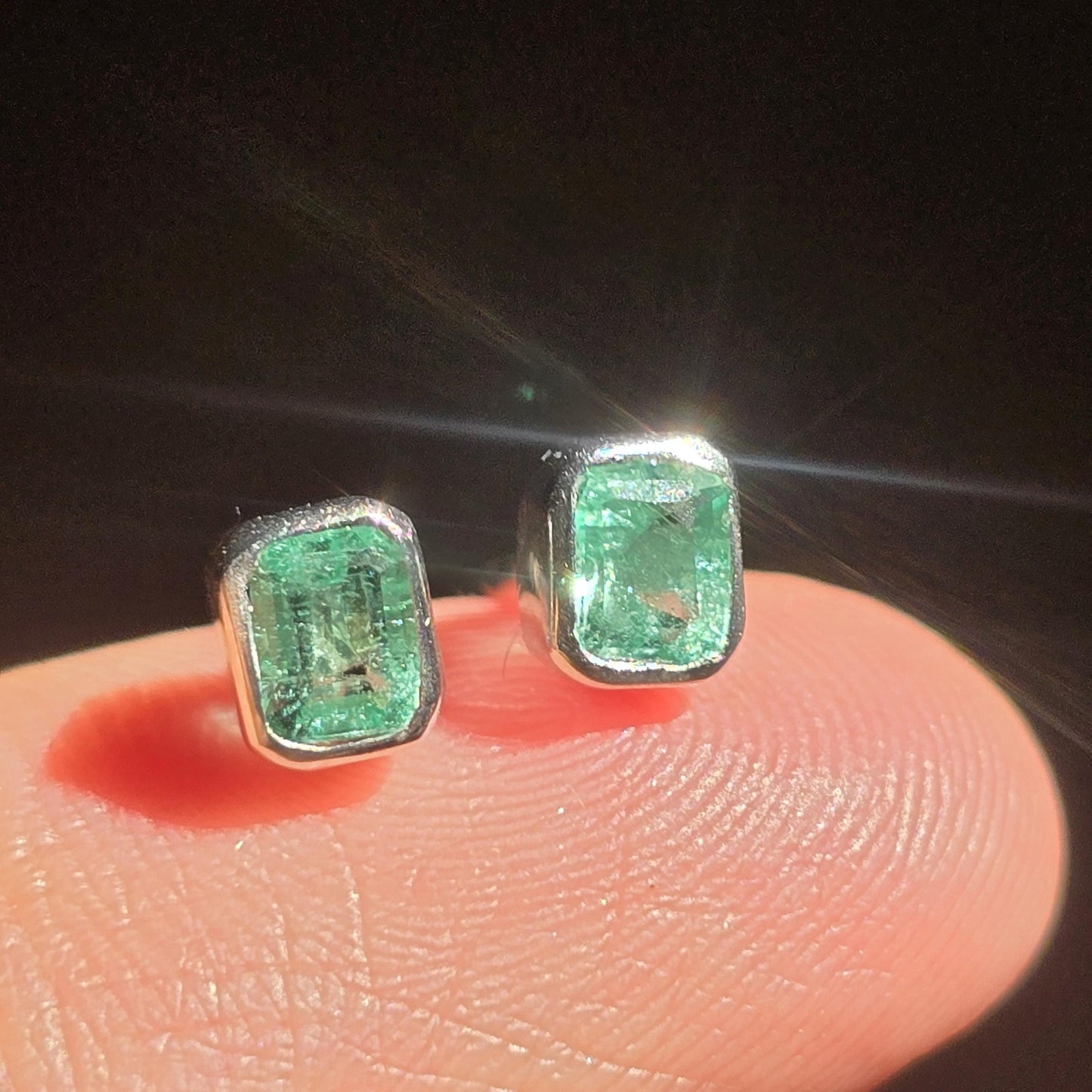 Daily Wear Emerald Stud Earrings, Natural Colombian Emerald Octagon Solitaire Earrings, Tiny Emerald Cut Bezel Birthstone Silver Earrings
