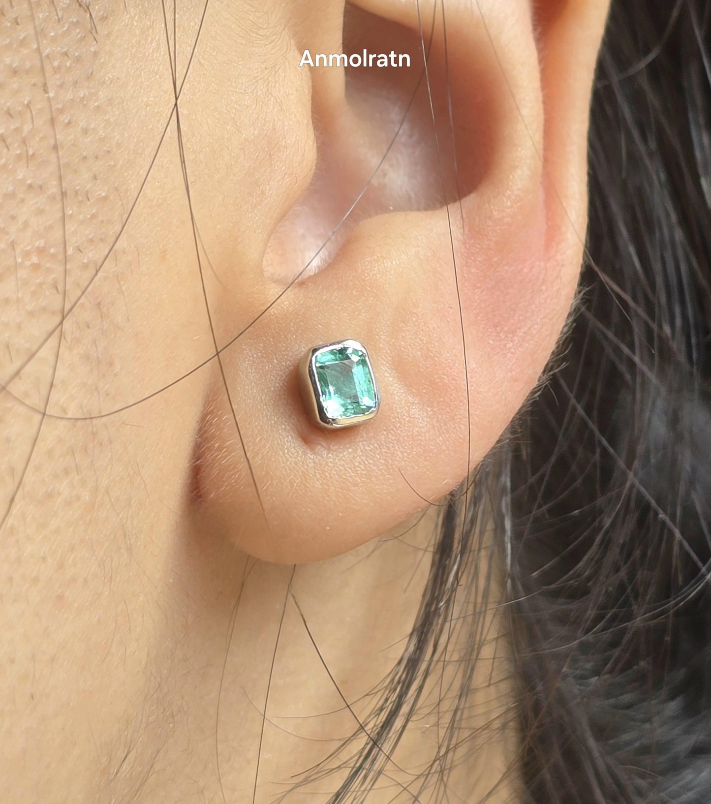 Daily Wear Emerald Stud Earrings, Natural Colombian Emerald Octagon Solitaire Earrings, Tiny Emerald Cut Bezel Birthstone Silver Earrings
