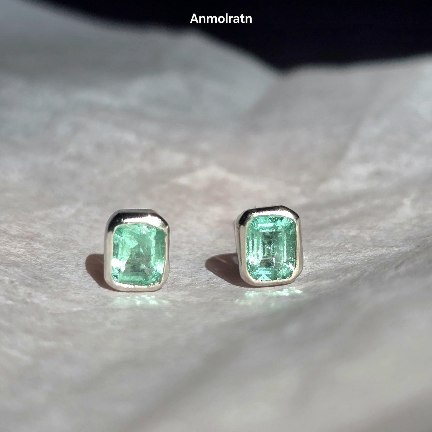 Daily Wear Emerald Stud Earrings, Natural Colombian Emerald Octagon Solitaire Earrings, Tiny Emerald Cut Bezel Birthstone Silver Earrings