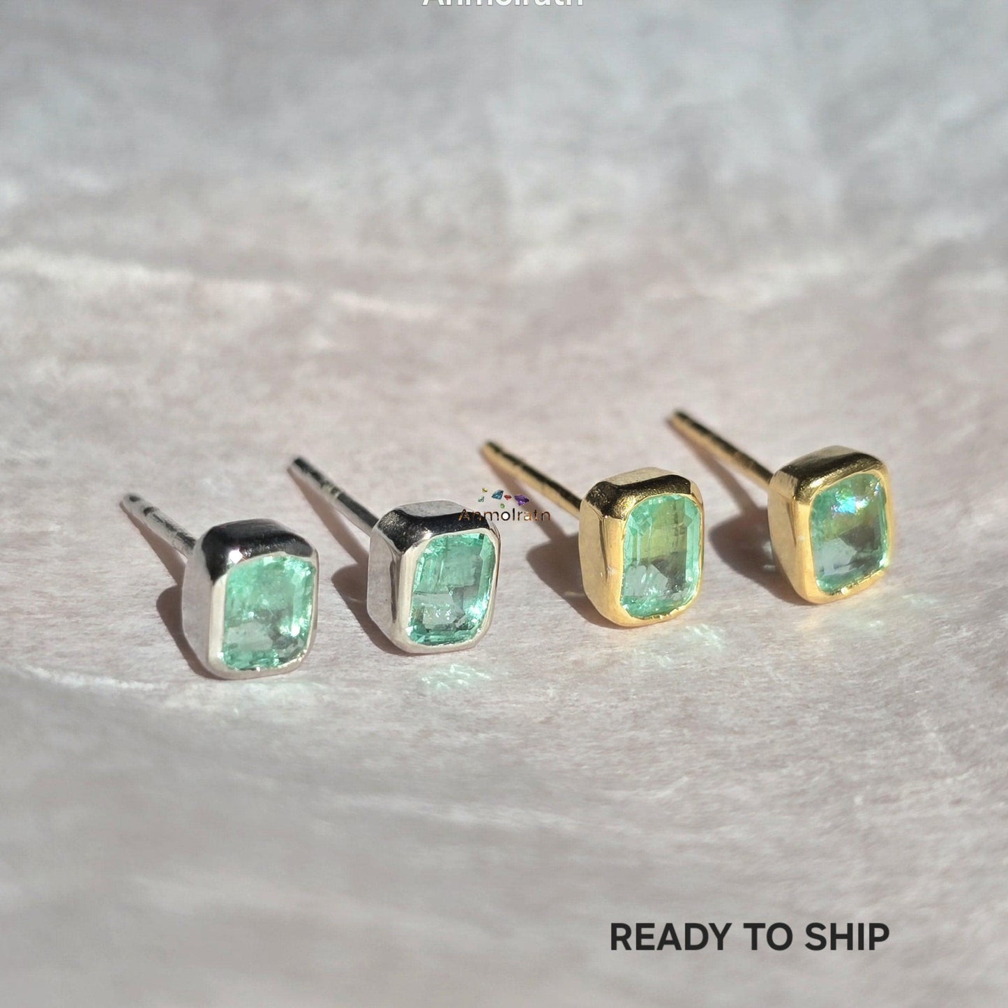 Natural Emerald Stud Earring, Colombian Emerald Solitaire Earring, Tiny Bright Emerald Octagon Bezel Dainty Birthstone Silver Earrings Gift