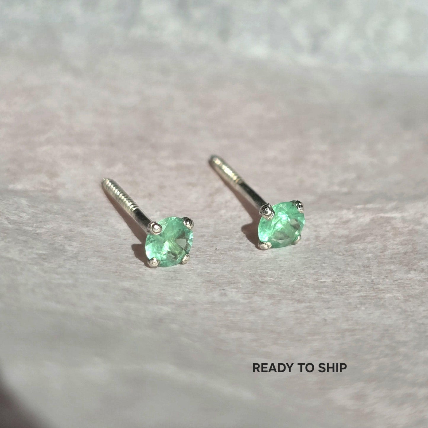 Daily Wear Emerald Stud Earrings, Natural Colombian Emerald Tiny Silver Earrings For Men & Women, Round Emerald Birthstone Dainty Earrings