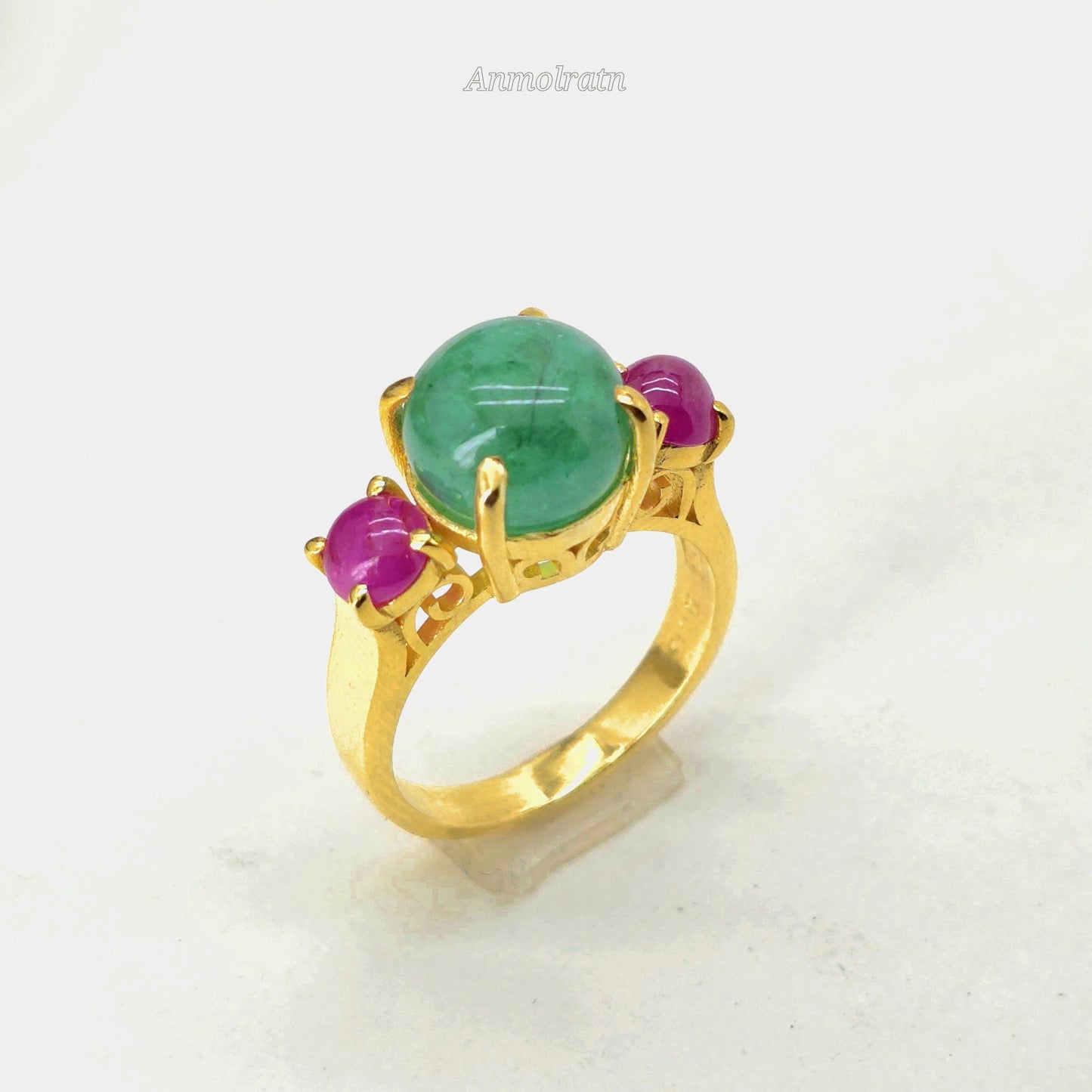 Vintage Emerald Ruby Ring For Women, Antique Emerald Ring, Unique Natural Emerald Cabochon Ring, Multi Gemstone Vintage Ring Gift For Her