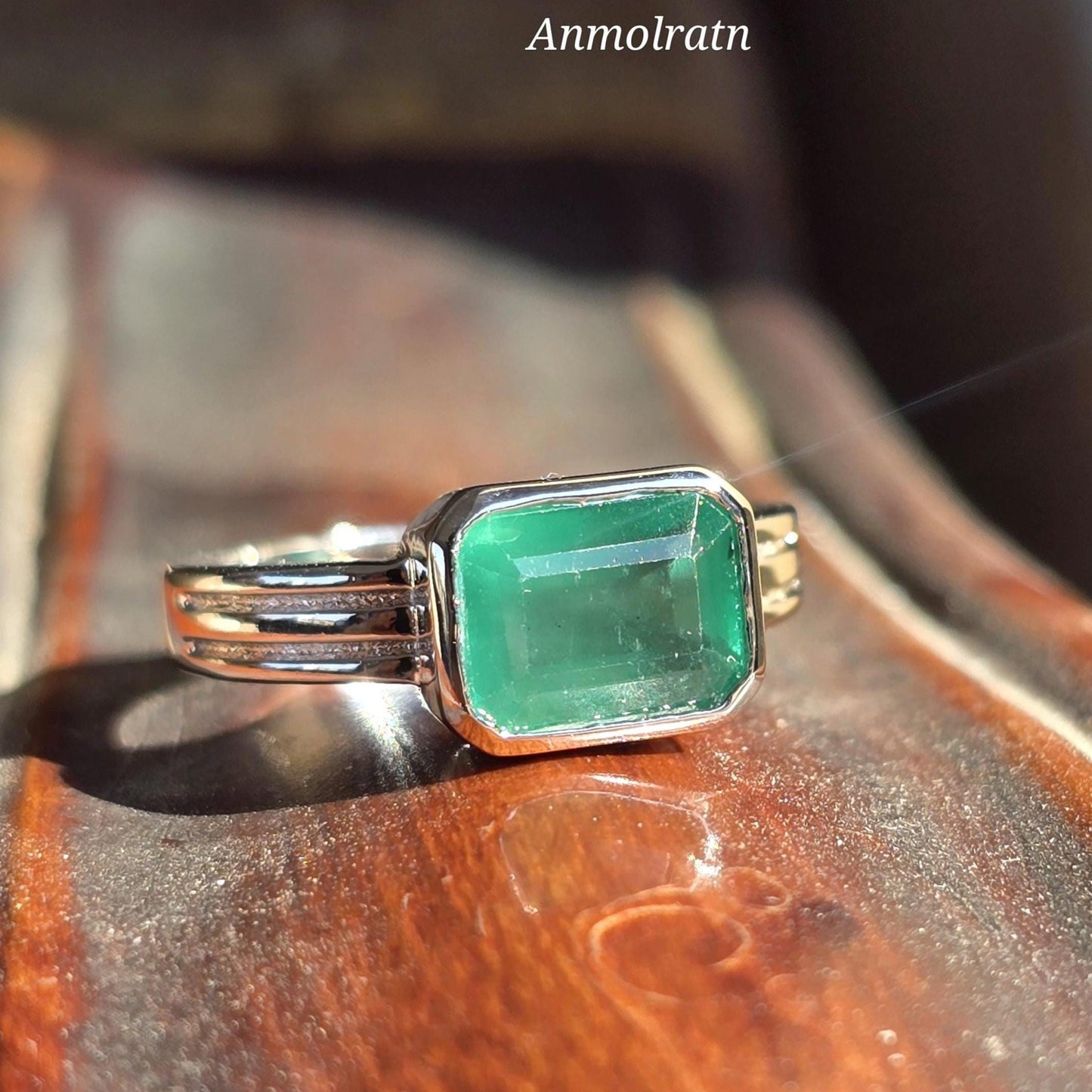 Natural Emerald Octagon Solitaire Silver Ring, 2.30Ct Rich Green Emerald East West Bezel Set Stacking Birthstone Ring, Dainty Emerald Ring