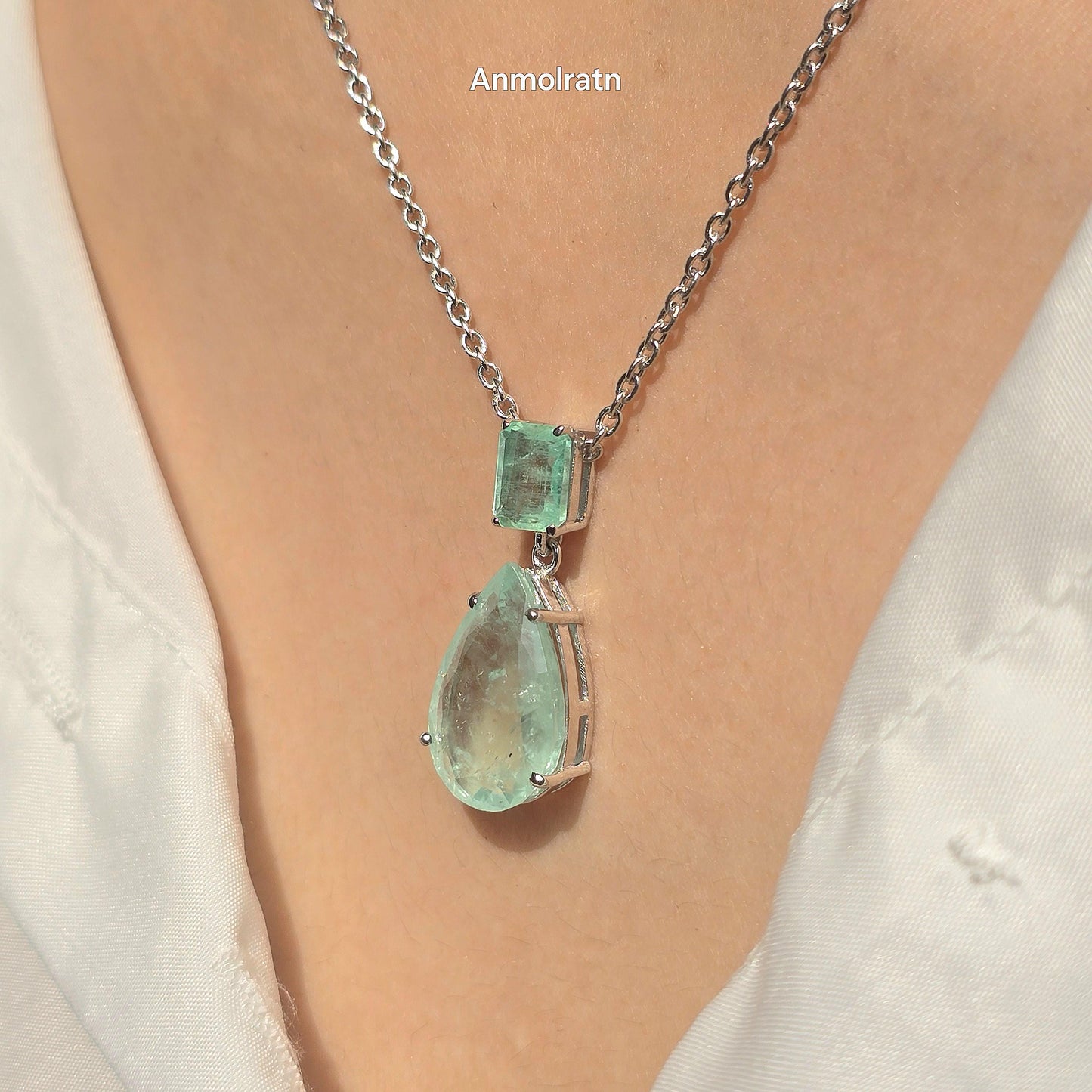 Colombian Emerald Necklace For Women, Untreated Emerald Octagon Pendant Pear Emerald Solitaire Dainty Silver Necklace, Green Emerald Pendant