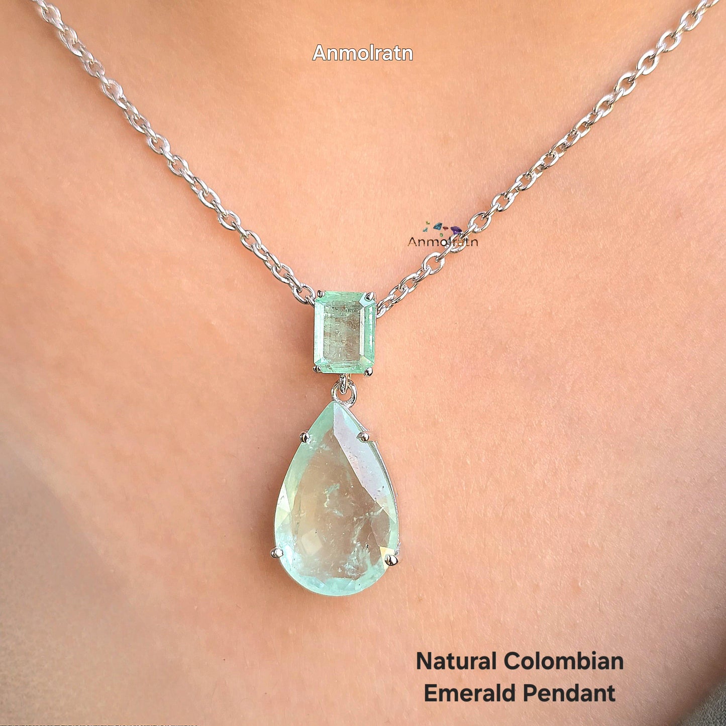 Colombian Emerald Necklace For Women, Untreated Emerald Octagon Pendant Pear Emerald Solitaire Dainty Silver Necklace, Green Emerald Pendant