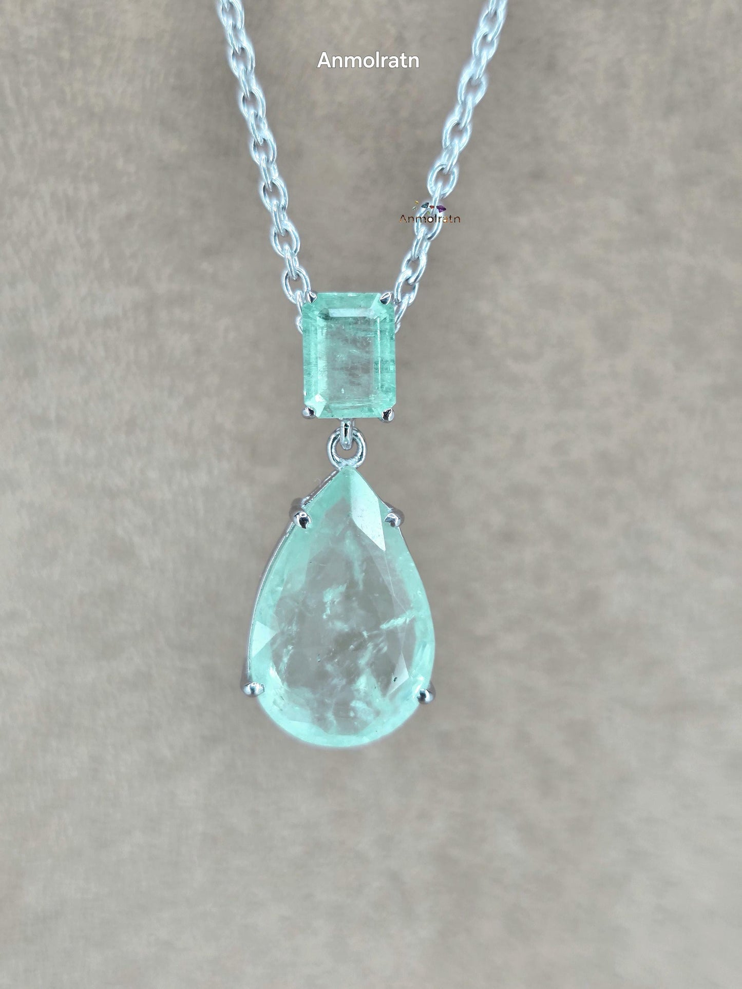 Colombian Emerald Necklace For Women, Untreated Emerald Octagon Pendant Pear Emerald Solitaire Dainty Silver Necklace, Green Emerald Pendant