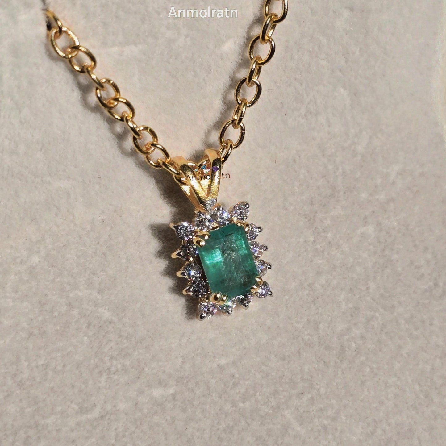 Emerald Solitaire Pendant, Emerald Cut Octagon Halo Pendant For Women, 14k Green Emerald Birthstone Pendant, Natural Emerald Dainty Pendant
