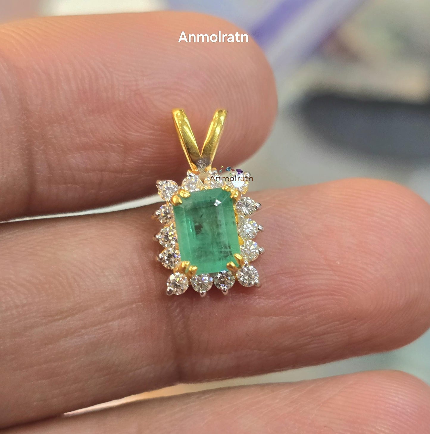 Emerald Solitaire Pendant, Emerald Cut Octagon Halo Pendant For Women, 14k Green Emerald Birthstone Pendant, Natural Emerald Dainty Pendant