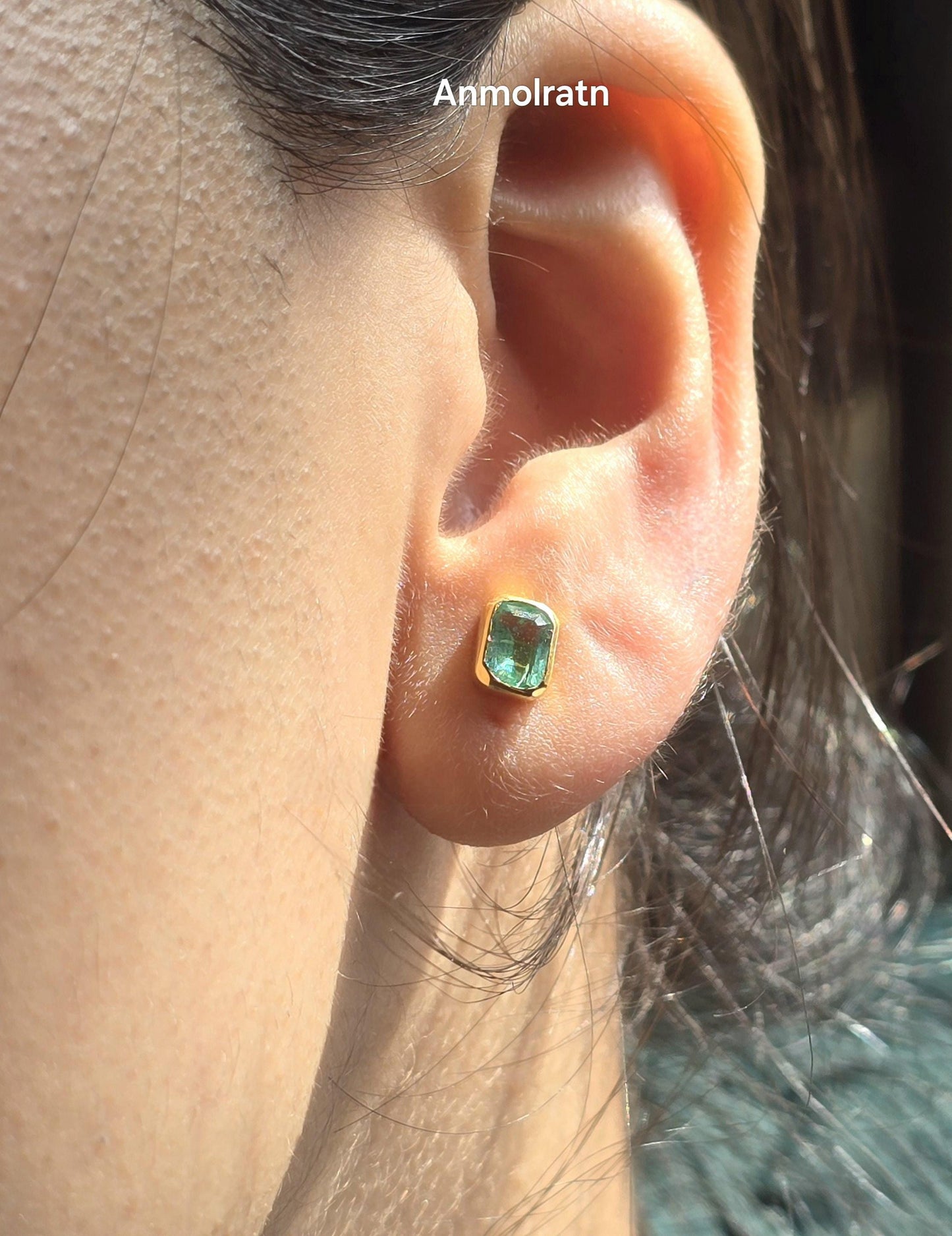 Emerald Octagon Stud Earrings, Natural Colombian Emerald Cut Dainty Silver Earrings, Tiny Emerald Solitaire Bezel Set Birthstone Earrings