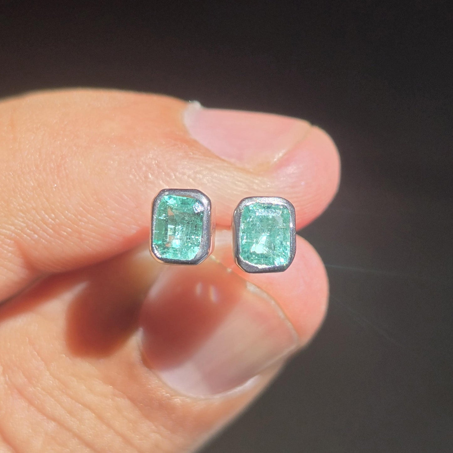 Daily Wear Emerald Stud Earrings, Natural Colombian Emerald Octagon Solitaire Earrings, Tiny Emerald Cut Bezel Birthstone Silver Earrings