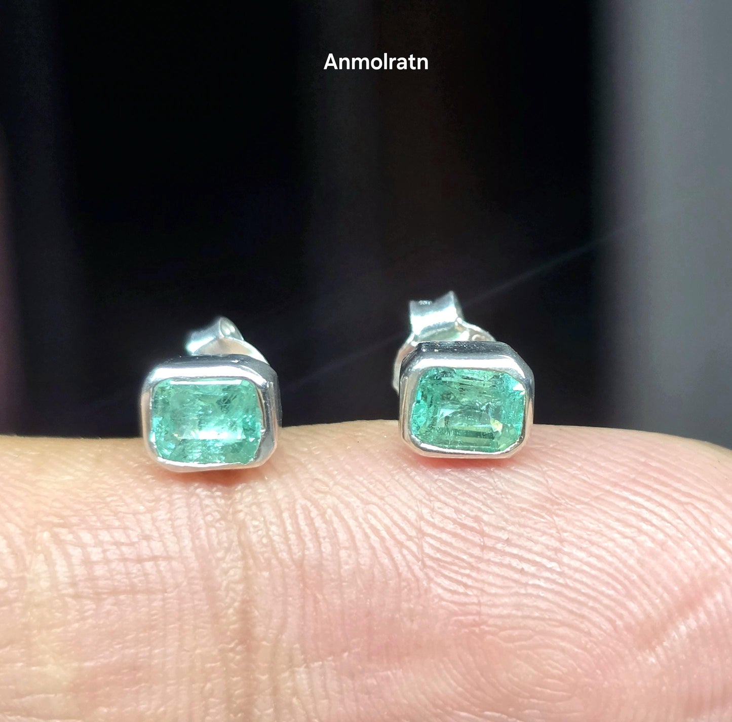 Daily Wear Emerald Stud Earrings, Natural Colombian Emerald Octagon Solitaire Earrings, Tiny Emerald Cut Bezel Birthstone Silver Earrings