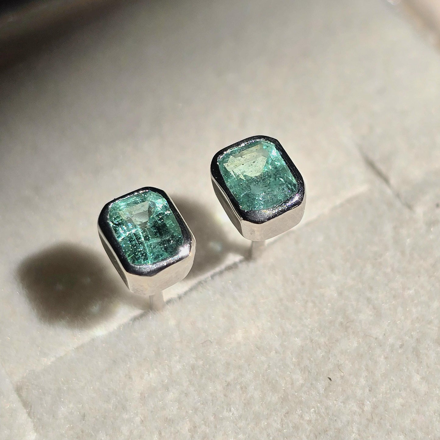 Daily Wear Emerald Stud Earrings, Natural Colombian Emerald Octagon Solitaire Earrings, Tiny Emerald Cut Bezel Birthstone Silver Earrings