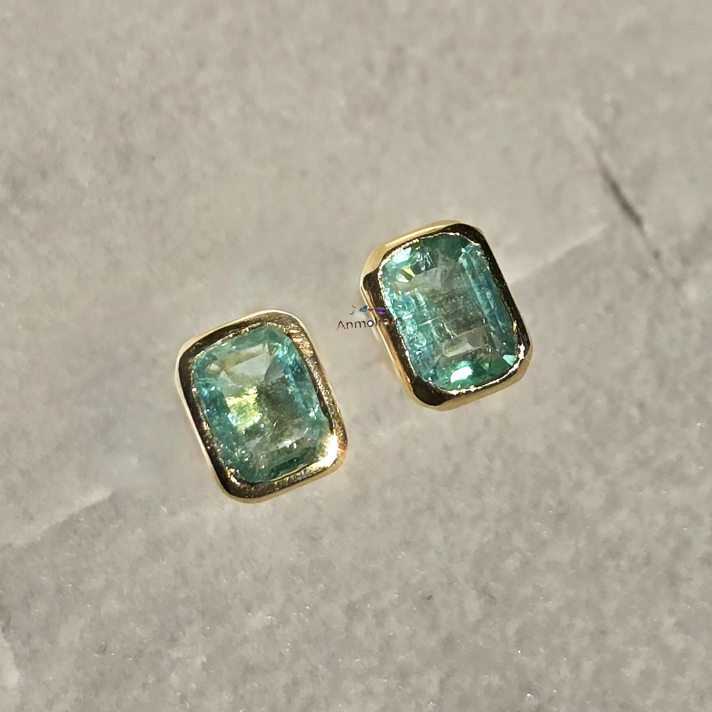 Emerald Octagon Stud Earrings, Natural Colombian Emerald Cut Dainty Silver Earrings, Tiny Emerald Solitaire Bezel Set Birthstone Earrings