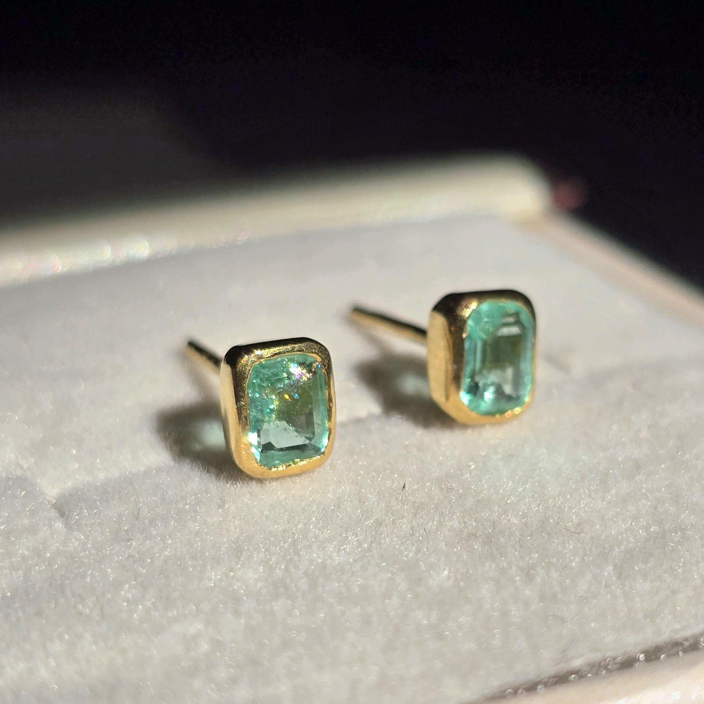 Emerald Octagon Stud Earrings, Natural Colombian Emerald Cut Dainty Silver Earrings, Tiny Emerald Solitaire Bezel Set Birthstone Earrings