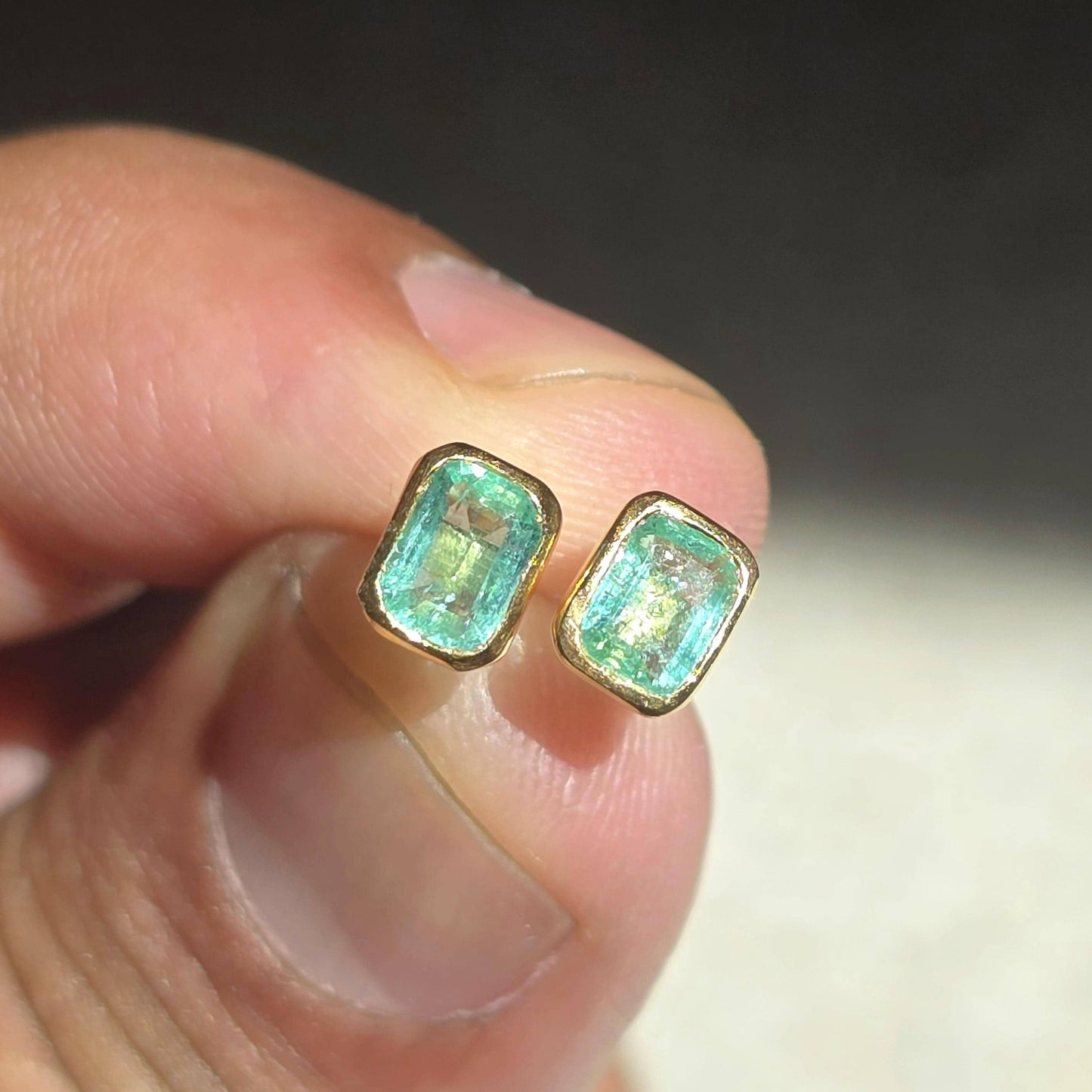 Emerald Octagon Stud Earrings, Natural Colombian Emerald Cut Dainty Silver Earrings, Tiny Emerald Solitaire Bezel Set Birthstone Earrings