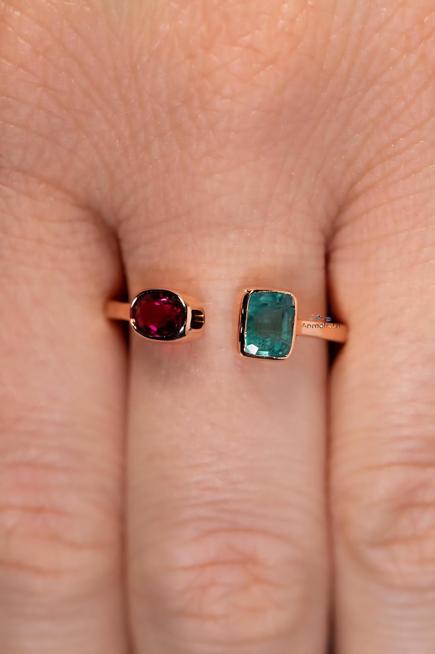 Natural Emerald Ruby Ring For Women, 14k Oval Ruby Emerald Cut Octagon Ring, Petite Multi Birthstone Bezel Set Stacking Ring Gift For Women