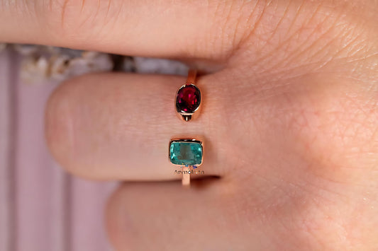 Natural Emerald Ruby Ring For Women, 14k Oval Ruby Emerald Cut Octagon Ring, Petite Multi Birthstone Bezel Set Stacking Ring Gift For Women