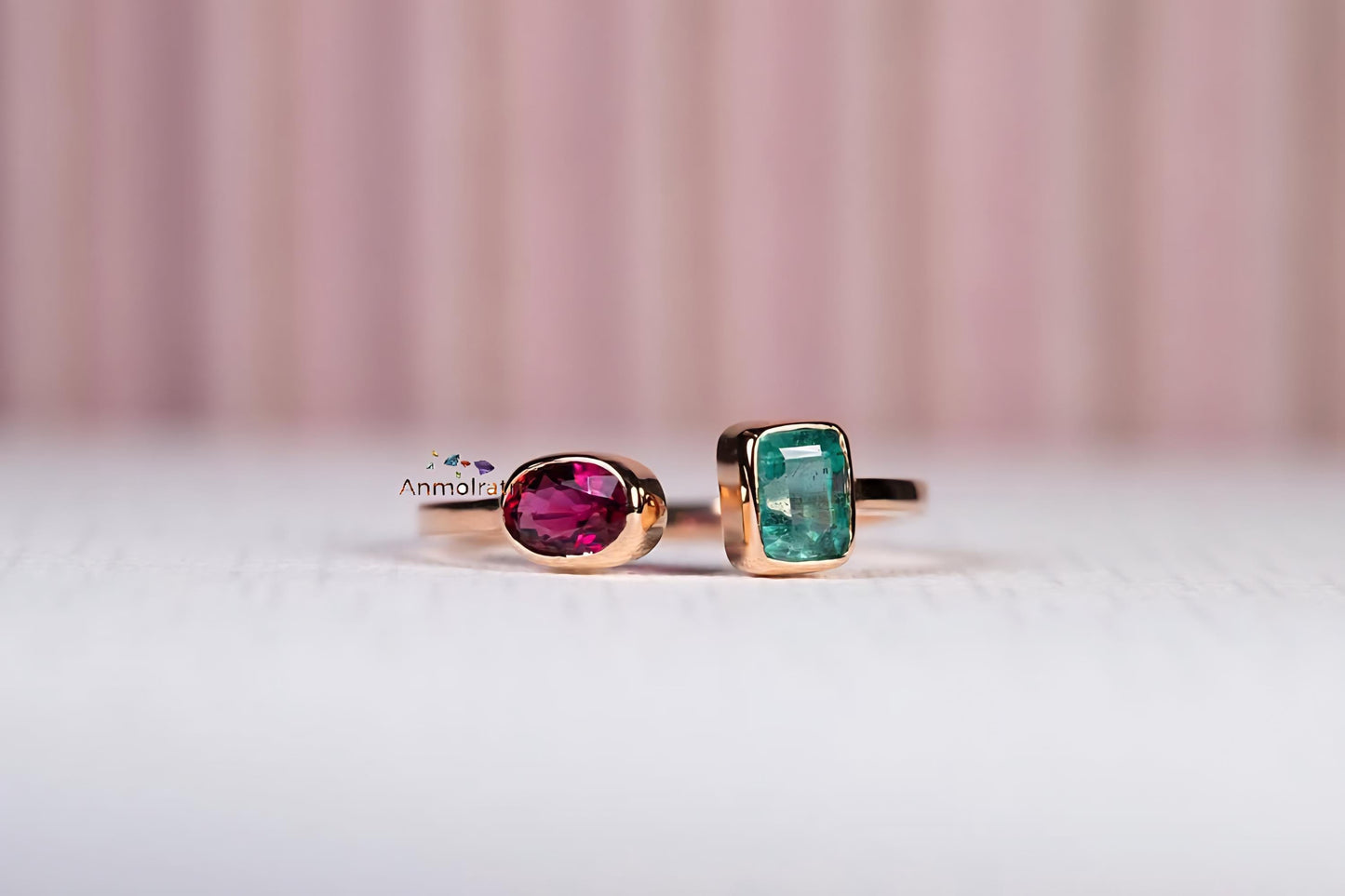 Natural Emerald Ruby Ring For Women, 14k Oval Ruby Emerald Cut Octagon Ring, Petite Multi Birthstone Bezel Set Stacking Ring Gift For Women