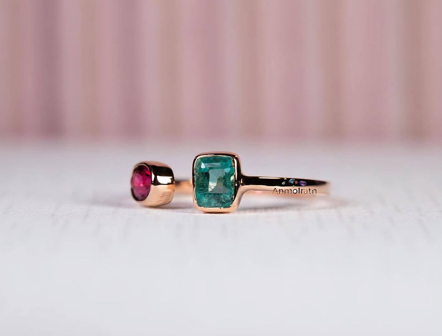 Natural Emerald Ruby Ring For Women, 14k Oval Ruby Emerald Cut Octagon Ring, Petite Multi Birthstone Bezel Set Stacking Ring Gift For Women