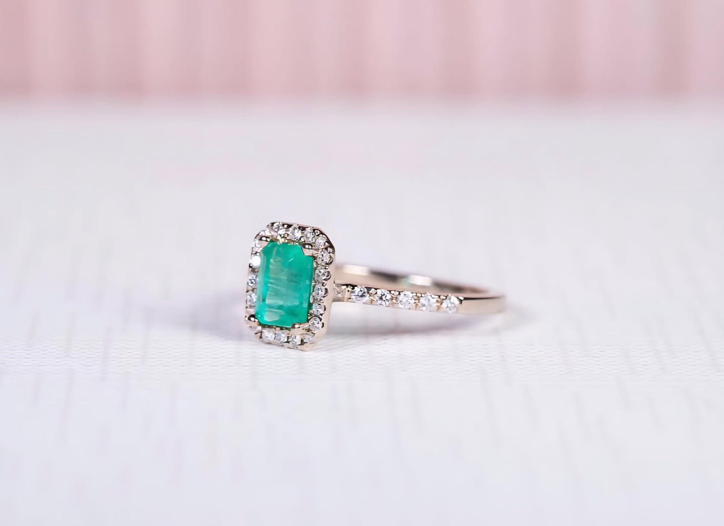 Emerald Cluster Wedding Ring, Octagon Emerald Cut Engagement Ring Gift For Women, 14k Natural Emerald Halo Stacking Ring, Green Emerald Ring