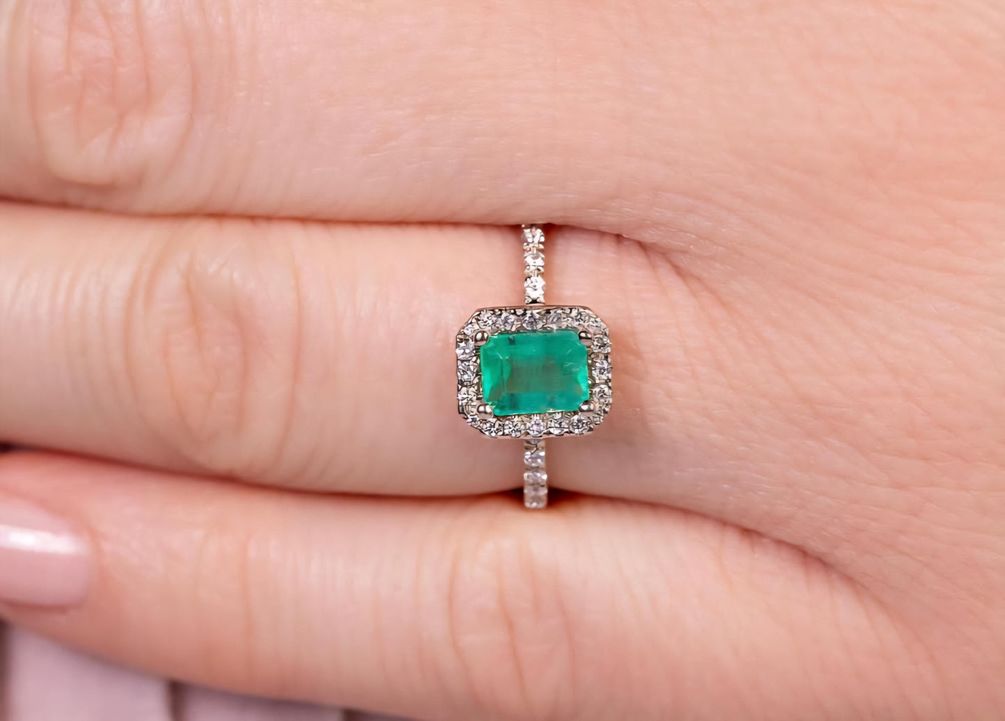 Emerald Cluster Wedding Ring, Octagon Emerald Cut Engagement Ring Gift For Women, 14k Natural Emerald Halo Stacking Ring, Green Emerald Ring