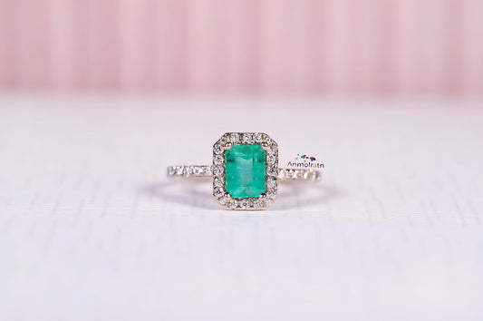 Emerald Cluster Wedding Ring, Octagon Emerald Cut Engagement Ring Gift For Women, 14k Natural Emerald Halo Stacking Ring, Green Emerald Ring