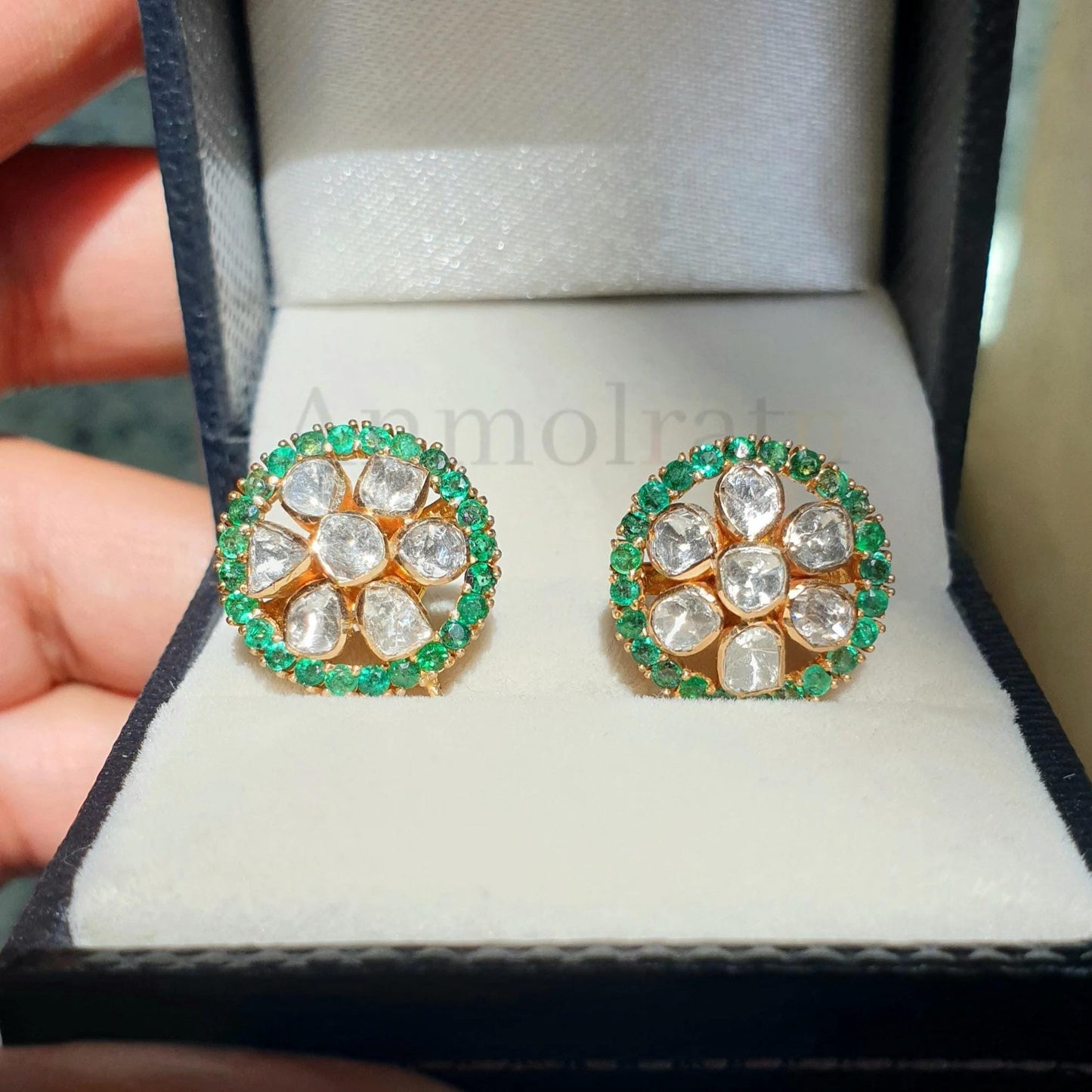 18k Emerald Diamond Earrings, Round Emerald Stud Earrings, Diamond Polki Earrings, Unique Gemstone Earrings Gift For Women, Earrings For Mom