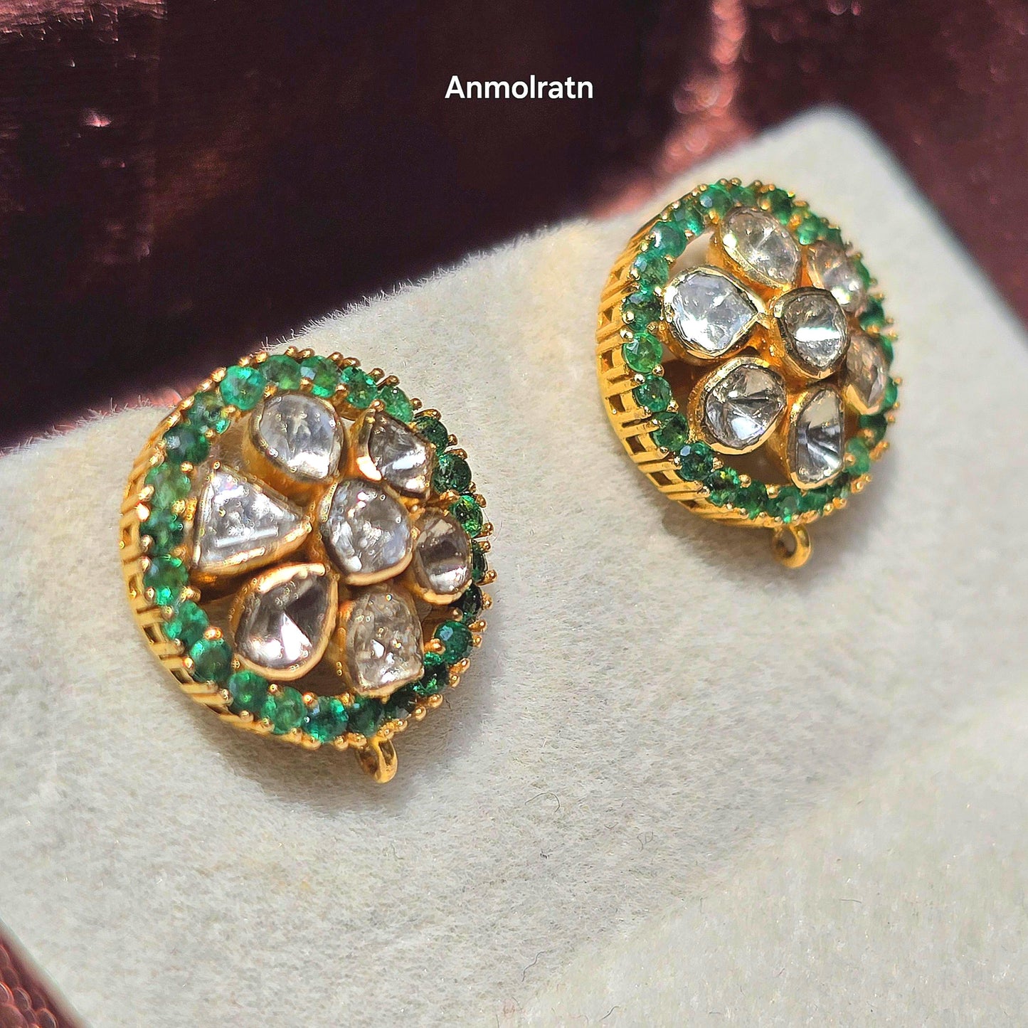 18k Emerald Diamond Earrings, Round Emerald Stud Earrings, Diamond Polki Earrings, Unique Gemstone Earrings Gift For Women, Earrings For Mom