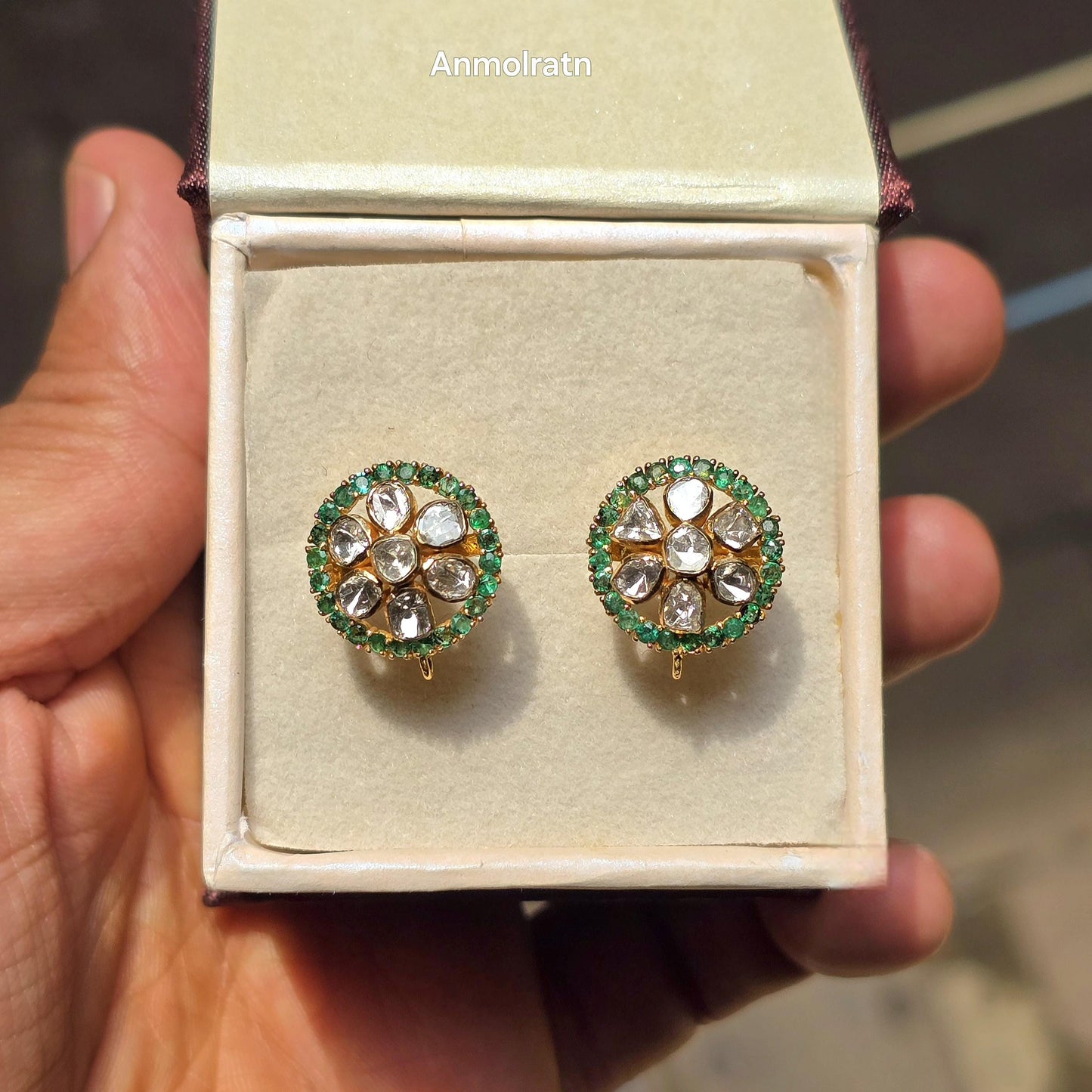 18k Emerald Diamond Earrings, Round Emerald Stud Earrings, Diamond Polki Earrings, Unique Gemstone Earrings Gift For Women, Earrings For Mom