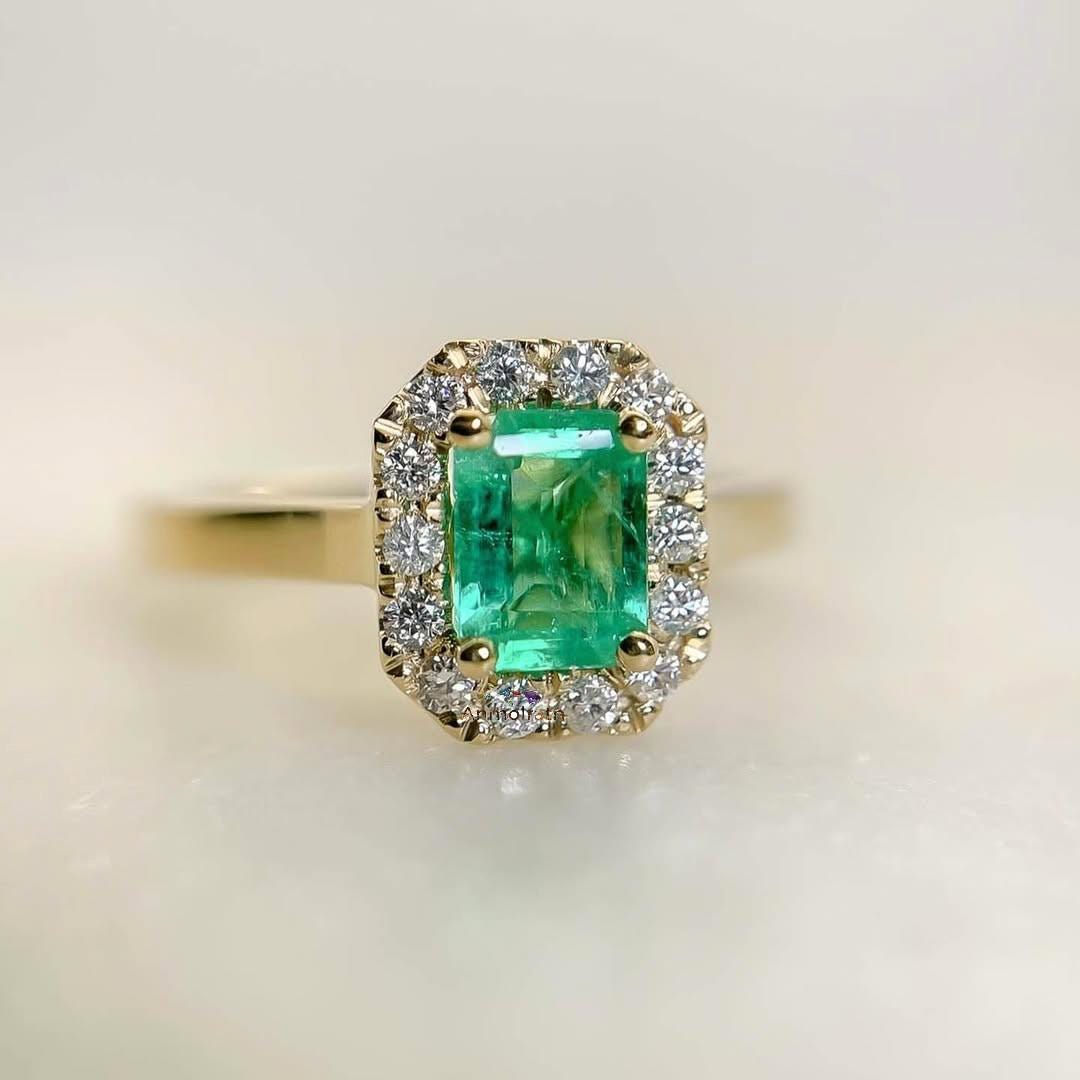 14k Emerald Cut Ring For Women, Bright Green Emerald Octagon Cluster Ring, Untreated Natural Emerald Ring Gift For Her, Dainty Emerald Ring