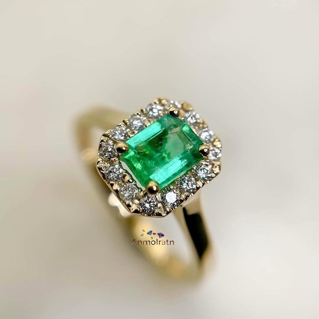 14k Emerald Cut Ring For Women, Bright Green Emerald Octagon Cluster Ring, Untreated Natural Emerald Ring Gift For Her, Dainty Emerald Ring