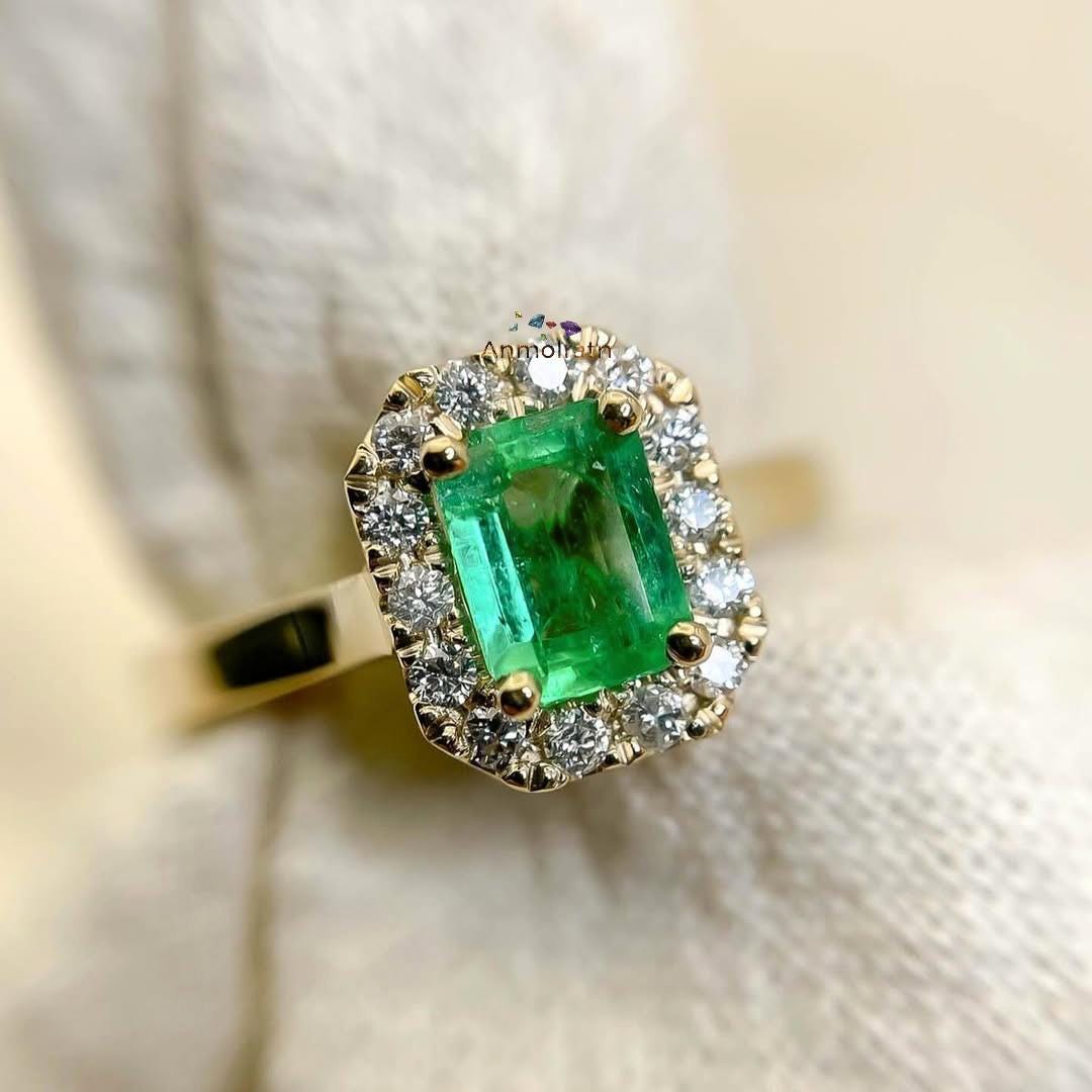 14k Emerald Cut Ring For Women, Bright Green Emerald Octagon Cluster Ring, Untreated Natural Emerald Ring Gift For Her, Dainty Emerald Ring