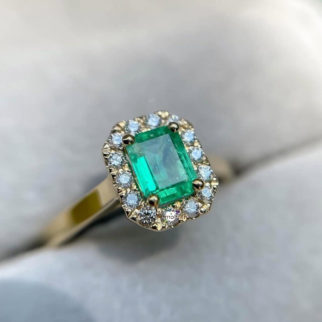 14k Emerald Cut Ring For Women, Bright Green Emerald Octagon Cluster Ring, Untreated Natural Emerald Ring Gift For Her, Dainty Emerald Ring