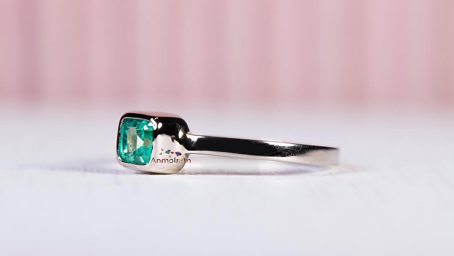 Emerald Bezel Set Solitaire Ring, Square Emerald Ring, Emerald Cut Silver Ring, Natural Emerald Birthstone Ring Tiny Emerald Pinky Ring Gift