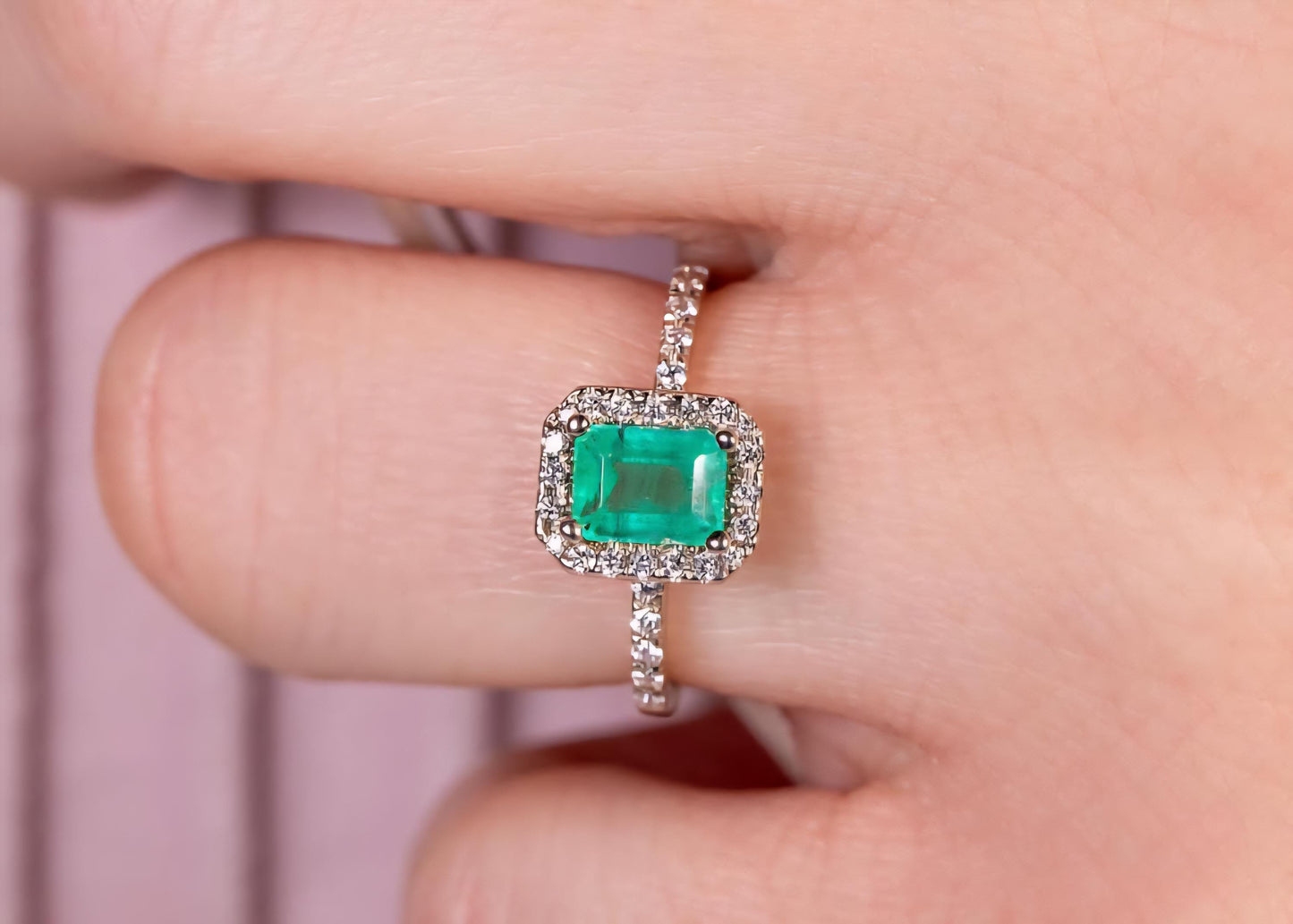 Emerald Cluster Wedding Ring, Octagon Emerald Cut Engagement Ring Gift For Women, 14k Natural Emerald Halo Stacking Ring, Green Emerald Ring