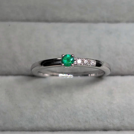 Emerald Engagement Band Ring, Vivid Green Colombian Emerald Wedding Ring, Solitaire Emerald & Diamond Ring Gift For Her, Tiny Emerald Ring