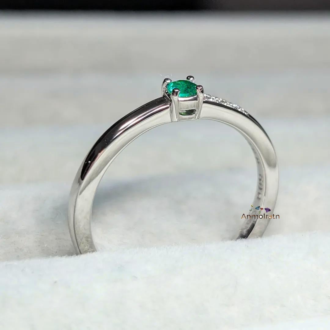 Emerald Engagement Band Ring, Vivid Green Colombian Emerald Wedding Ring, Solitaire Emerald & Diamond Ring Gift For Her, Tiny Emerald Ring