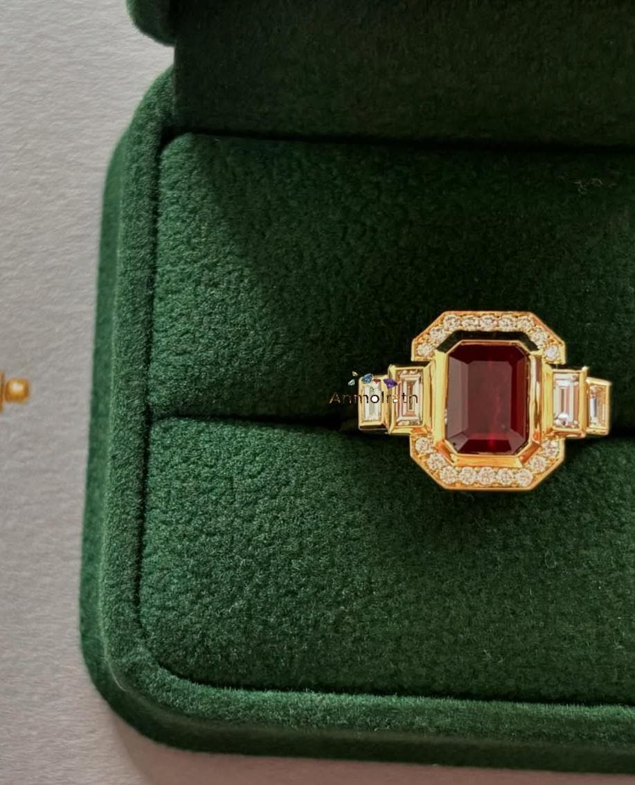 Ruby Cluster Wedding Ring, Natural Ruby Engagement Ring, Vintage Ruby Ring For Women, Octagon Cut Ruby Bezel Set Art Deco Ring Gift For Her
