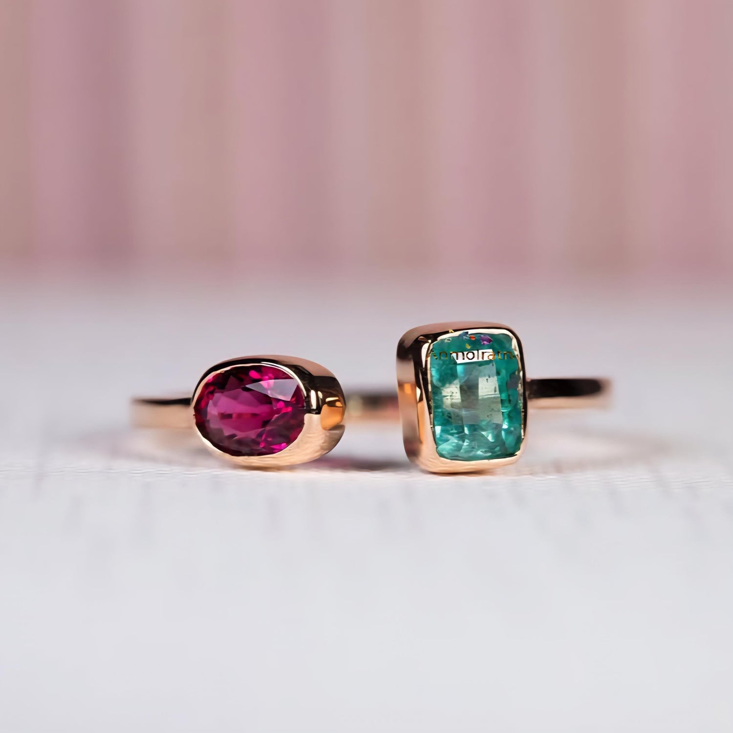 Natural Emerald Ruby Ring For Women, 14k Oval Ruby Emerald Cut Octagon Ring, Petite Multi Birthstone Bezel Set Stacking Ring Gift For Women