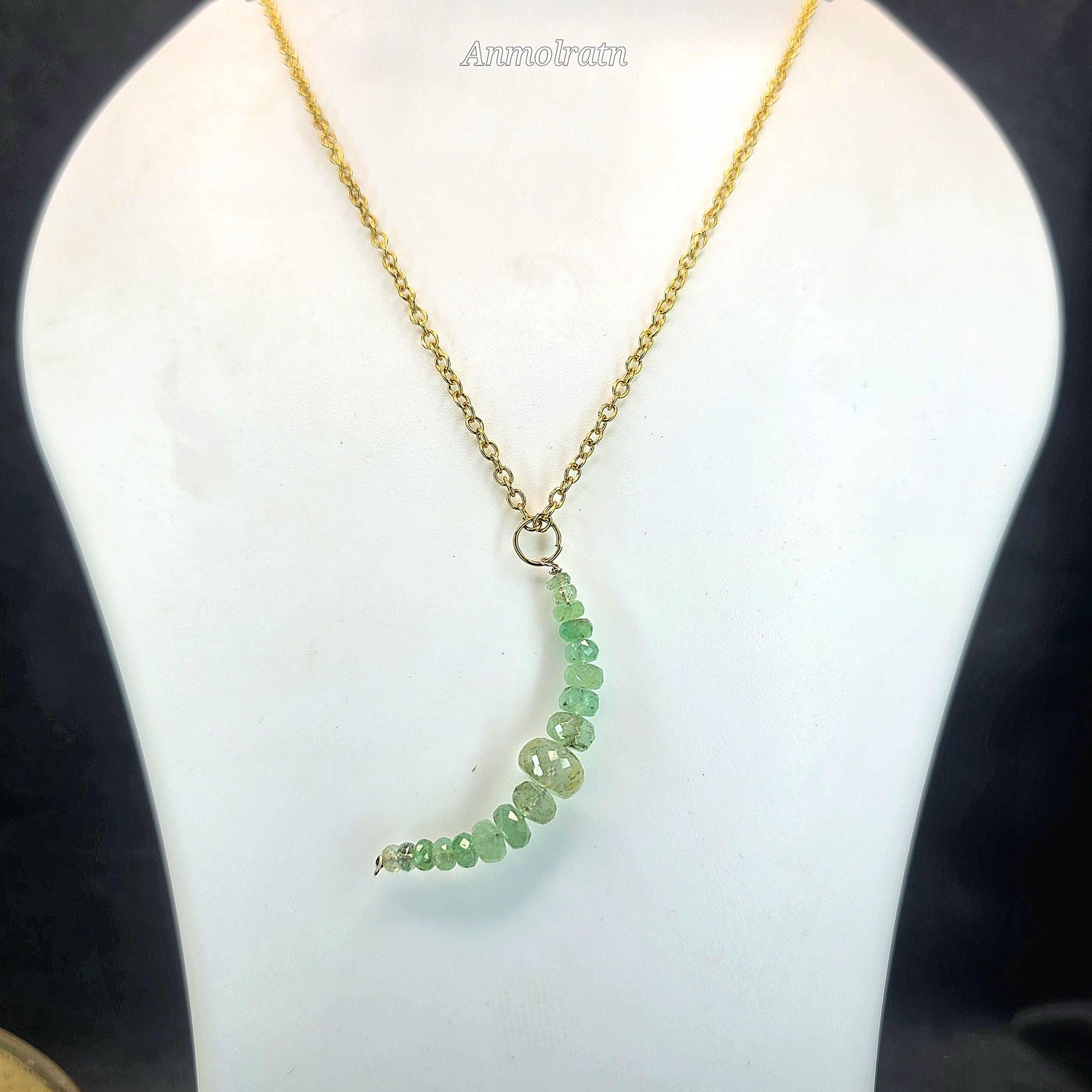 Raw Emerald Pendant, Colombian Emerald Beaded Pendant, Emerald Drop Pendant, Emerald Crescent Charm For Necklace, Emerald Charm Pendant Gift