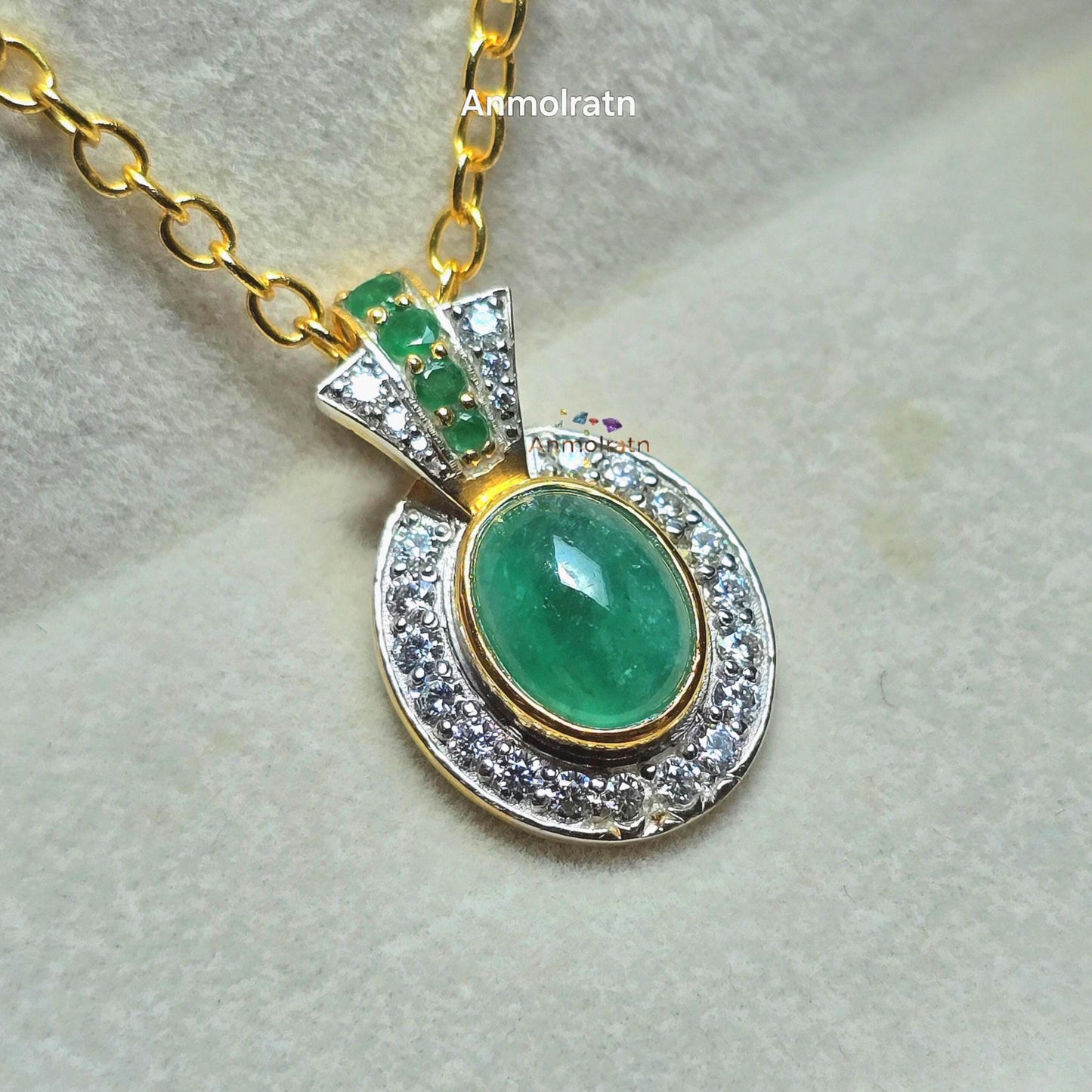 Emerald Cabochon Pendant For Men & Women, Oval Emerald Cluster Pendant Gift For Her, 4CT Emerald Solitaire Birthstone Dainty Pendant Silver