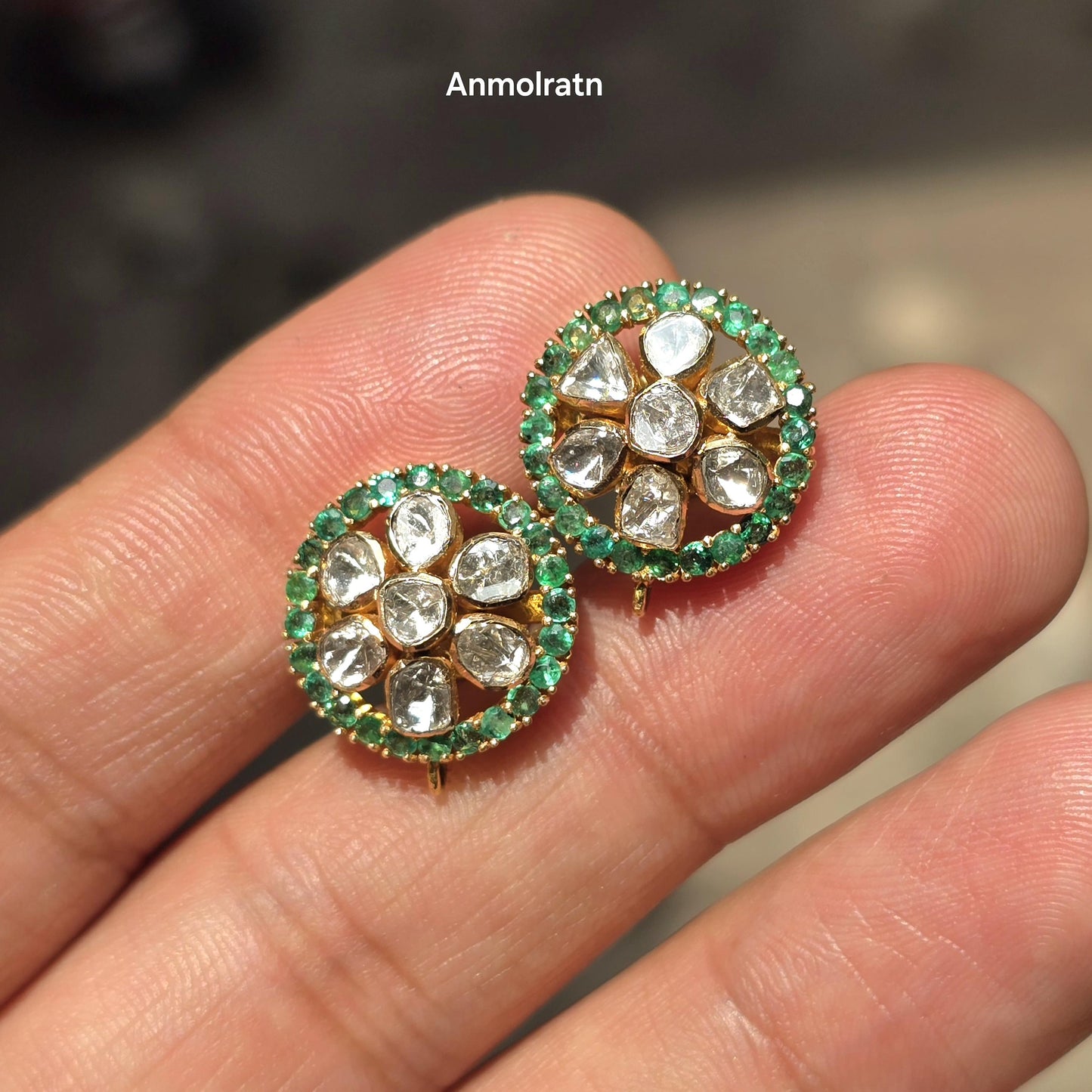 18k Emerald Diamond Earrings, Round Emerald Stud Earrings, Diamond Polki Earrings, Unique Gemstone Earrings Gift For Women, Earrings For Mom