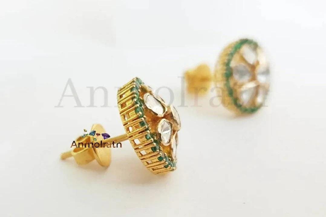 18k Emerald Diamond Earrings, Round Emerald Stud Earrings, Diamond Polki Earrings, Unique Gemstone Earrings Gift For Women, Earrings For Mom